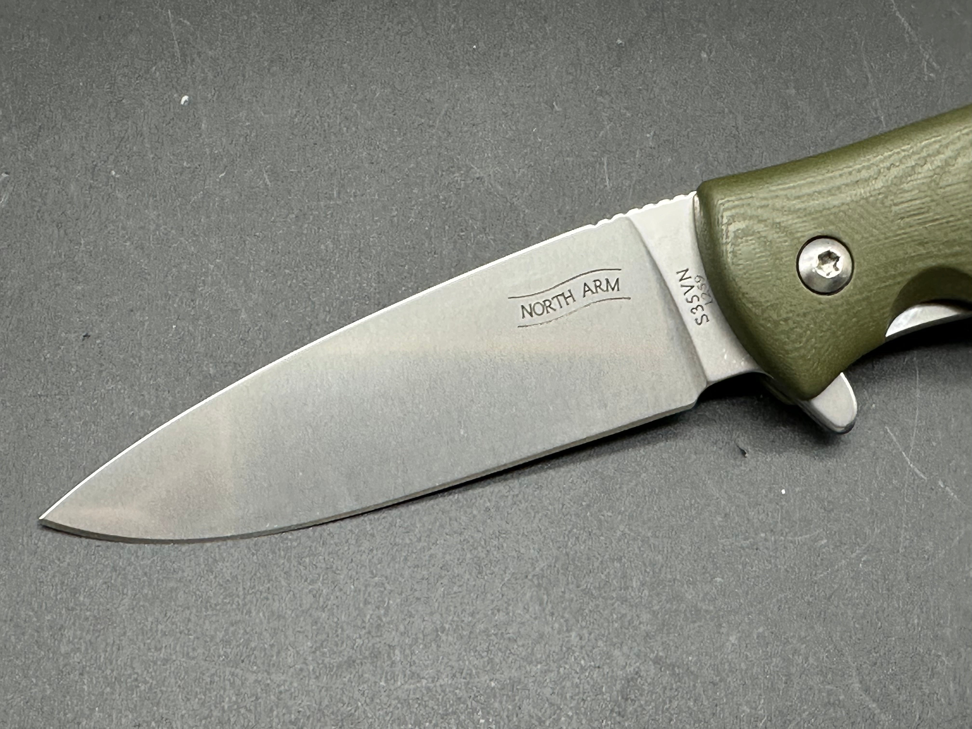 North Arm Skaha II, 3.3" S35VN Polished Stonewash Blade with OD Green G10 Handle (Serial #1259)
