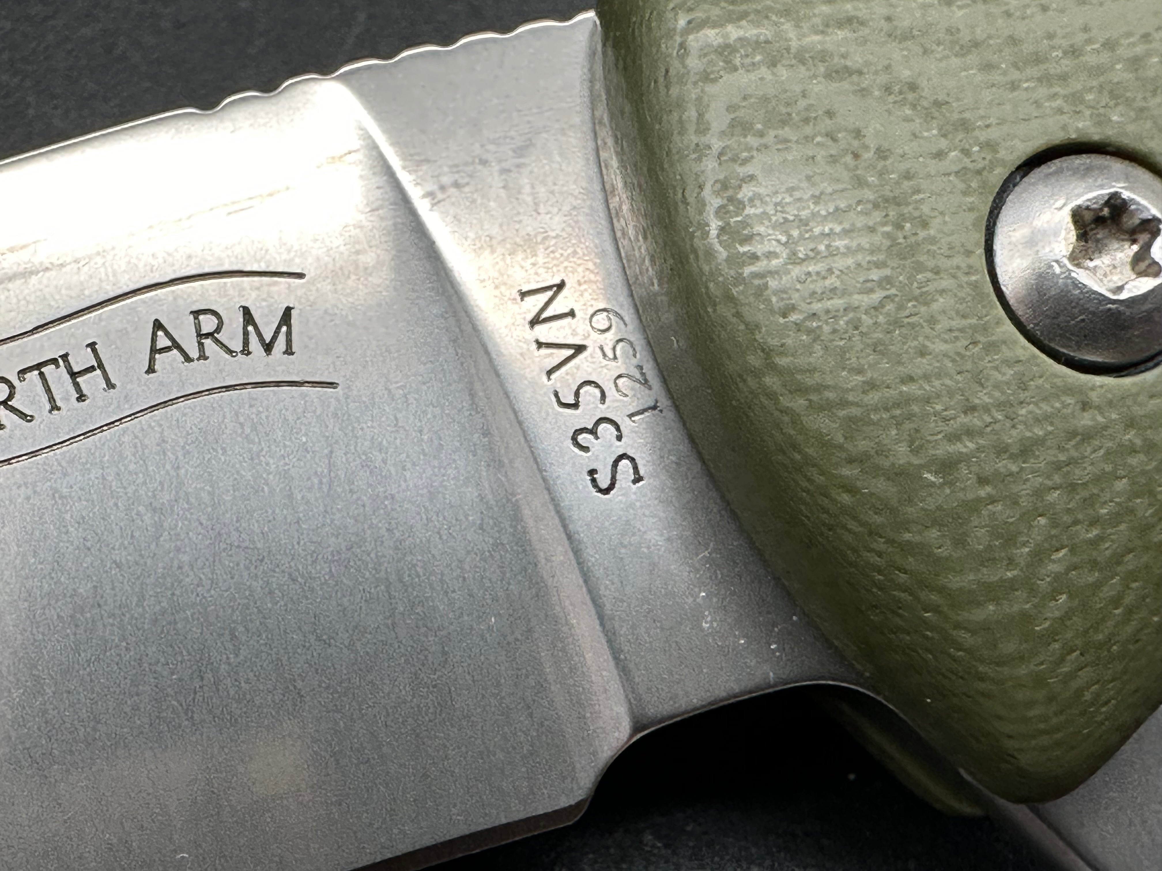 North Arm Skaha II, 3.3" S35VN Polished Stonewash Blade with OD Green G10 Handle (Serial #1259)