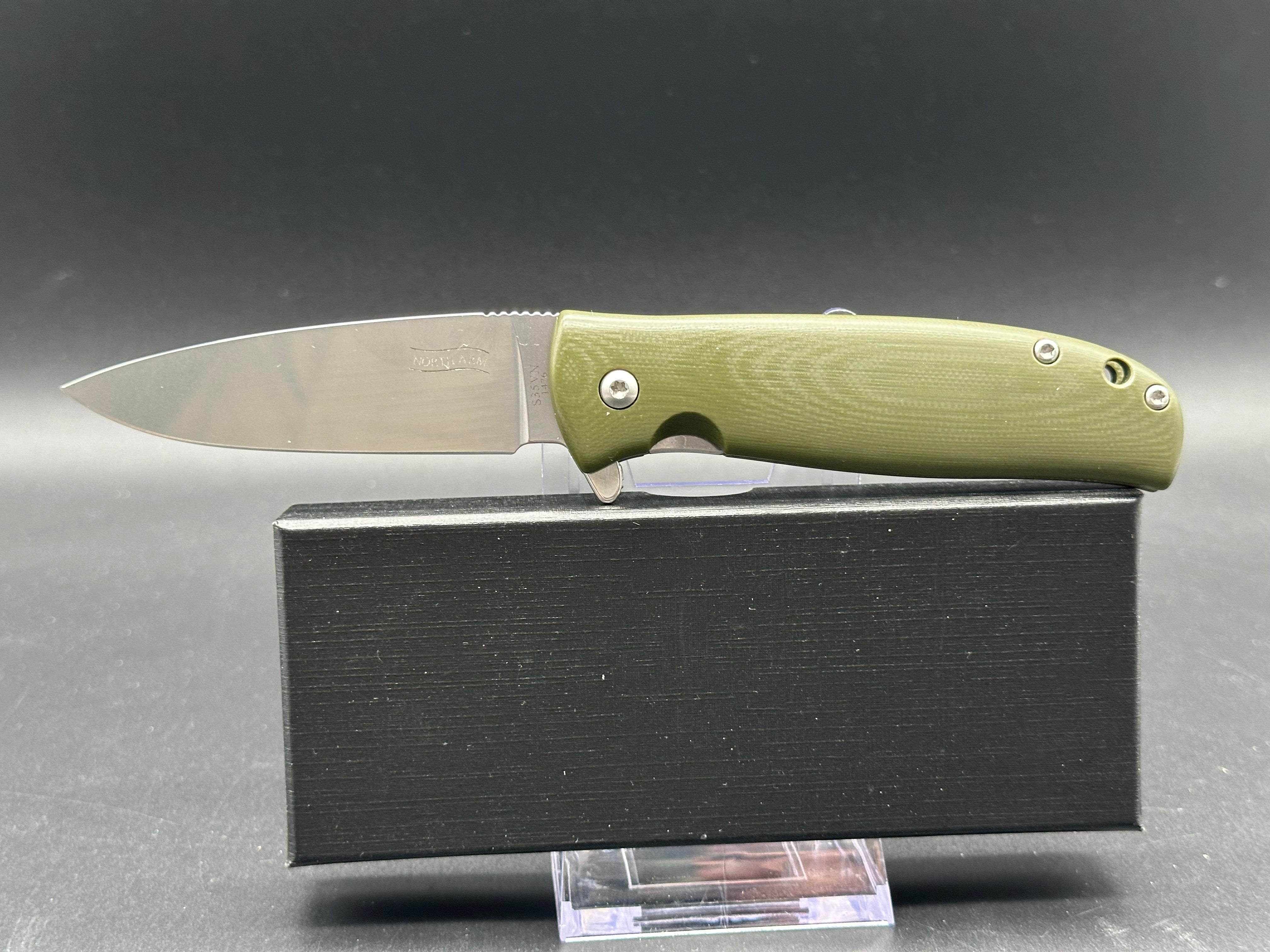 North Arm Skaha II, 3.3" S35VN Polished Stonewash Blade with OD Green G10 Handle (Serial #1476)