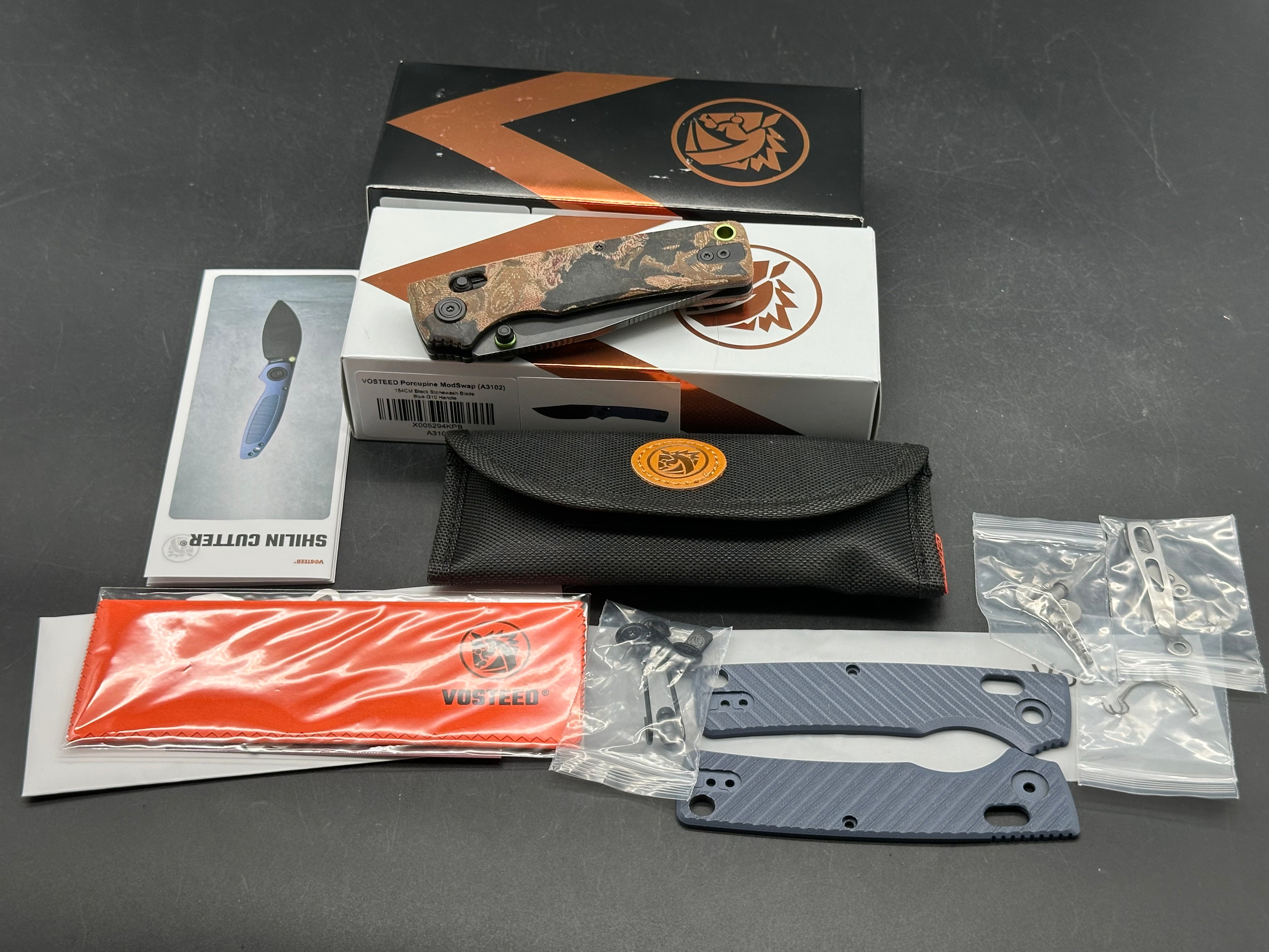 VOSTEED PORCUPINE MODSWAP BLUE G10 HANDLE 154CM CLIP POINT plus extra scales