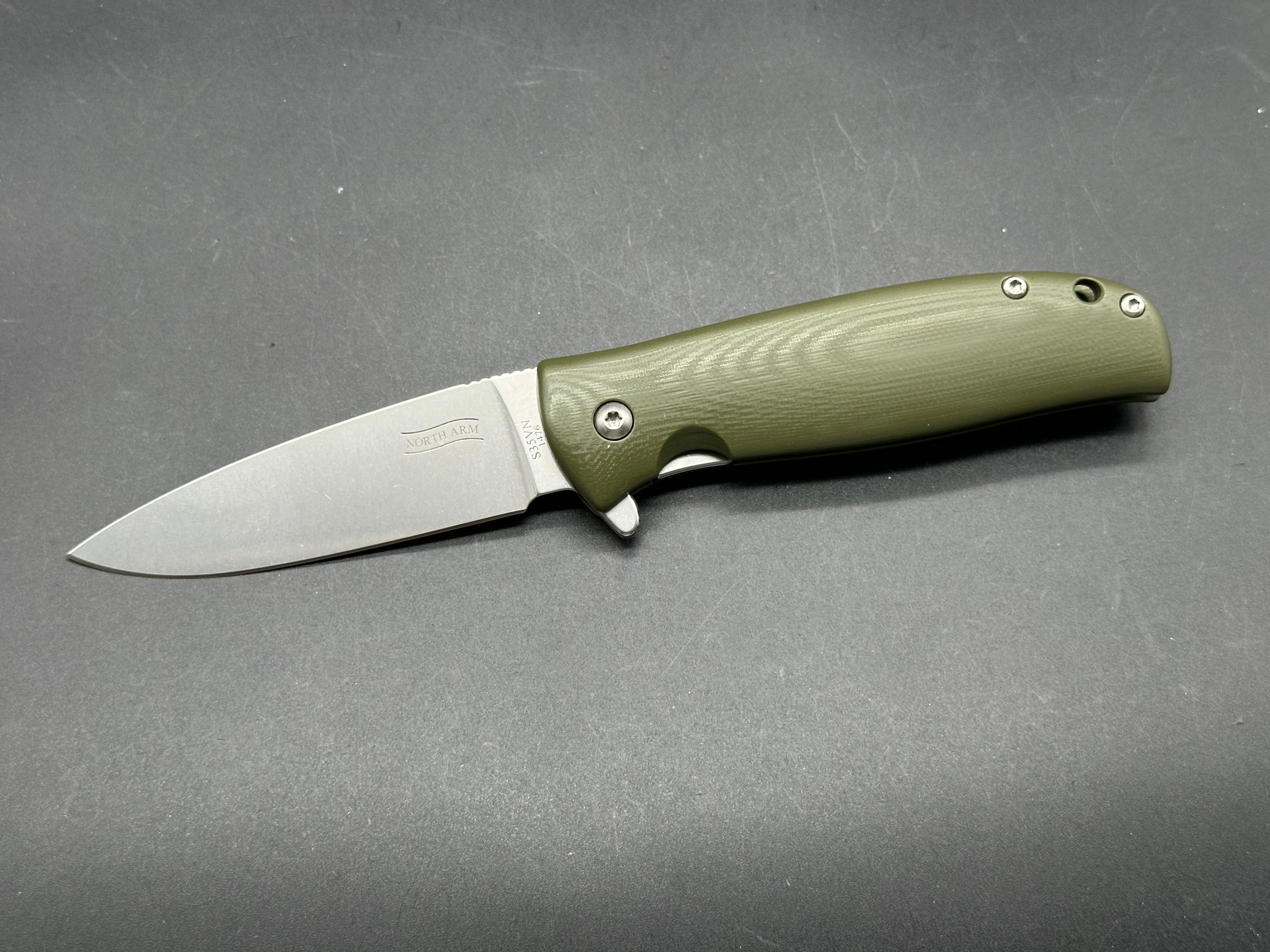 North Arm Skaha II, 3.3" S35VN Polished Stonewash Blade with OD Green G10 Handle (Serial #1476)