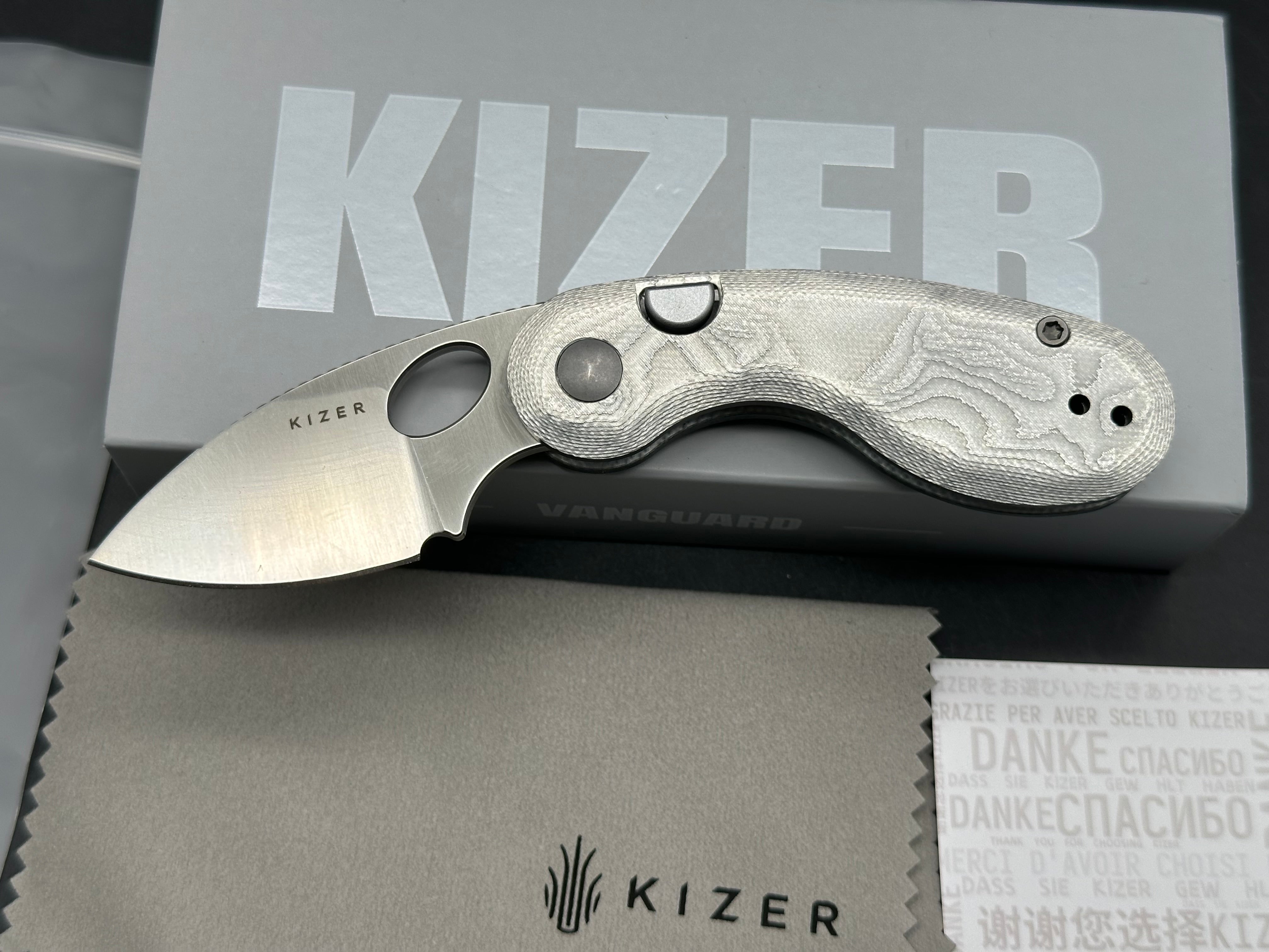 KIZER MICROBE ALUMINUM FOIL G10 HANDLE 14C28N PLAIN EDGE DROP POINT PLAIN EDGE