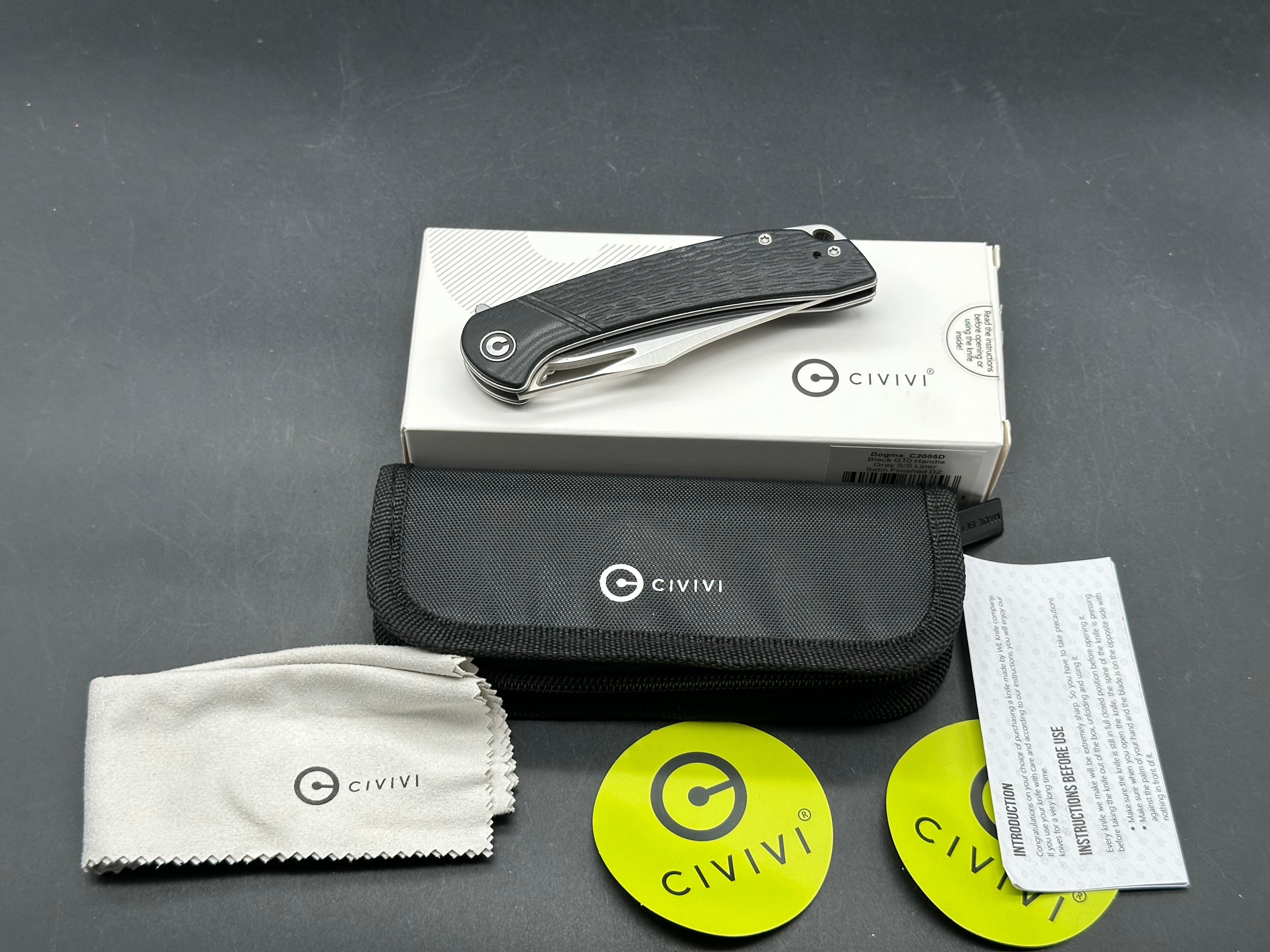 CIVIVI BLACK DOGMA FLIPPER KNIFE, SATIN D2 CLIP POINT BLADE