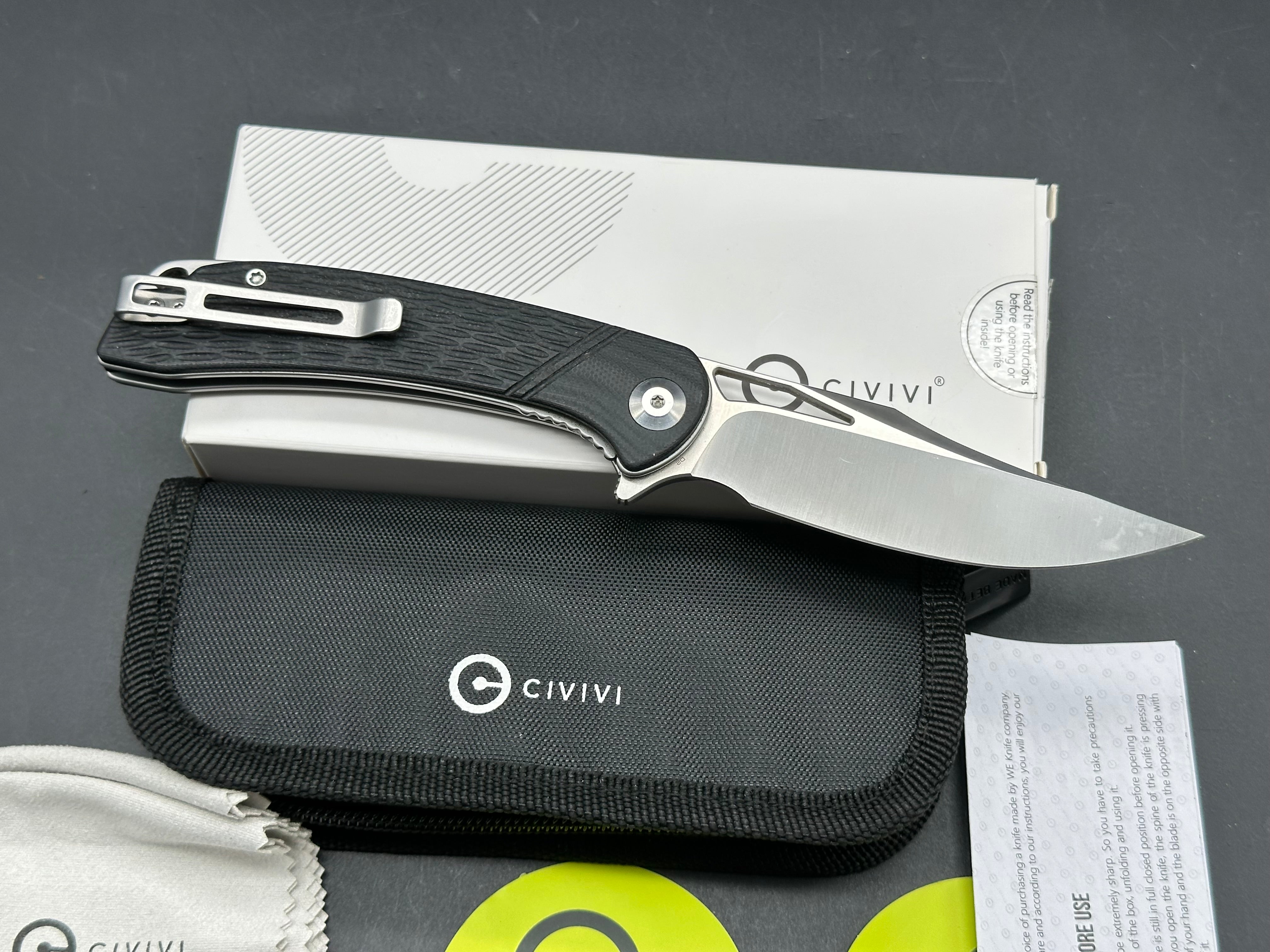 CIVIVI BLACK DOGMA FLIPPER KNIFE, SATIN D2 CLIP POINT BLADE