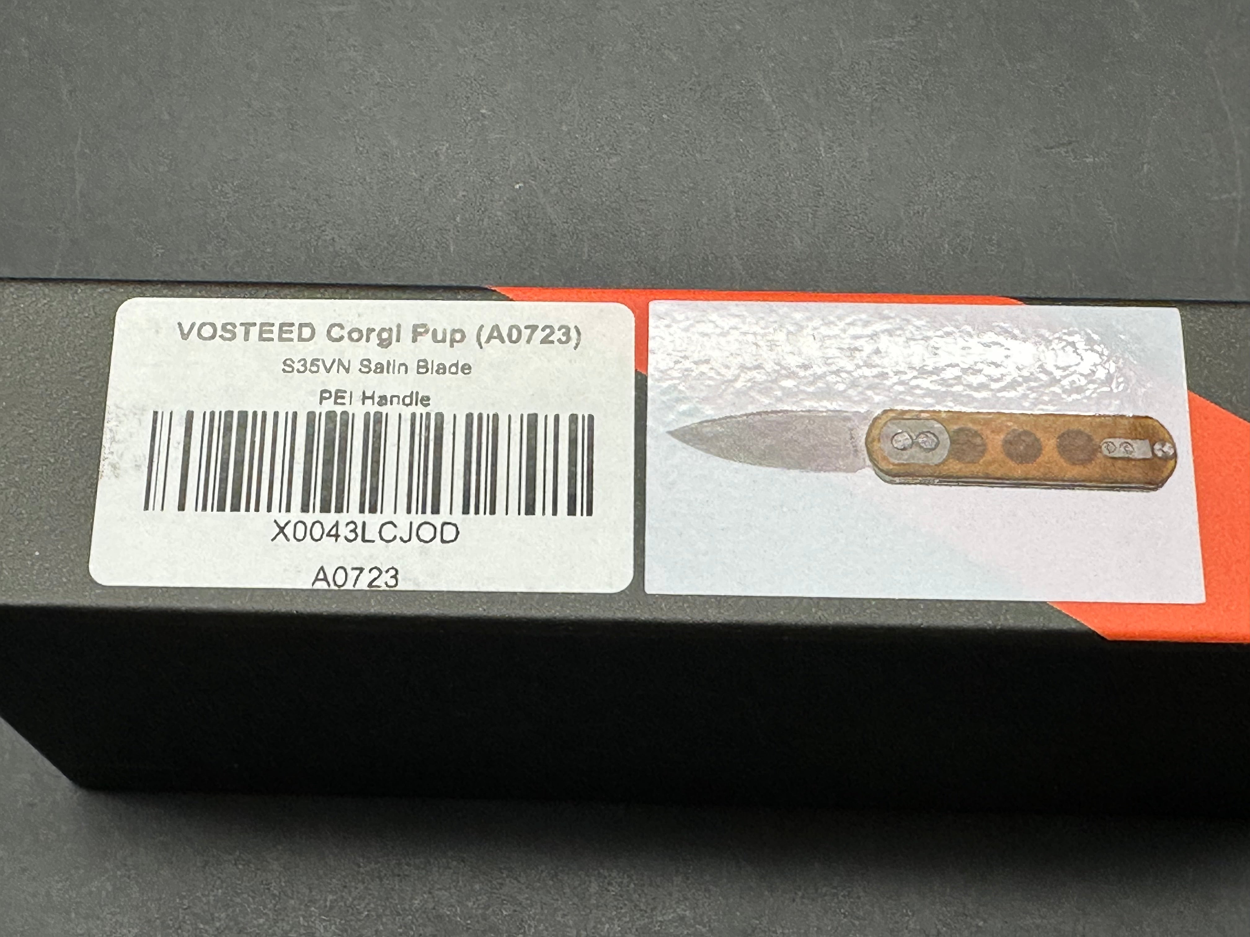 VOSTEED CORGI PUP FOLDING KNIFE AMBER PEI HANDLE S35VN DROP POINT PLAIN EDGE