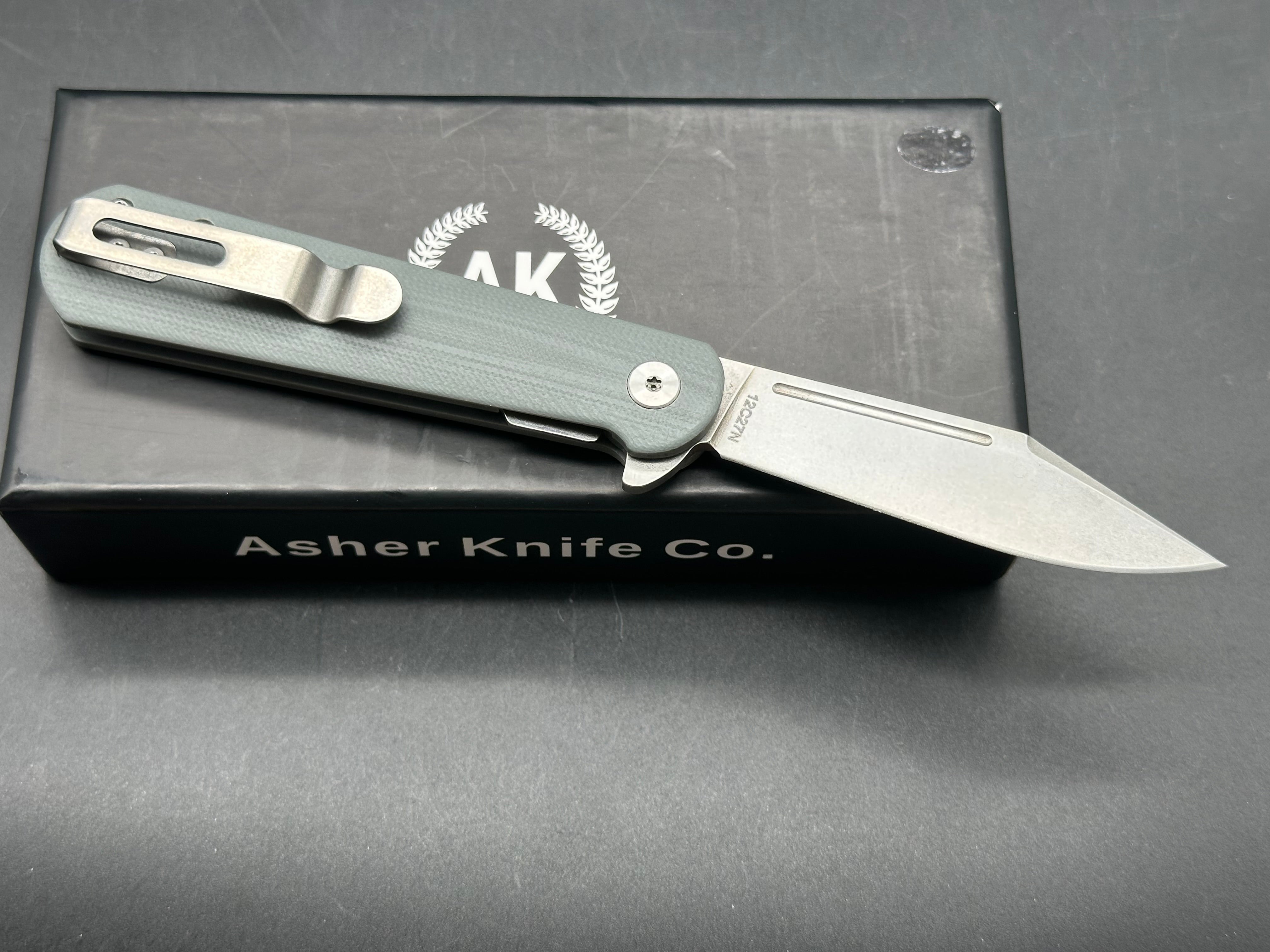 Asher knives Flashback G10 scales w/12C27 blade