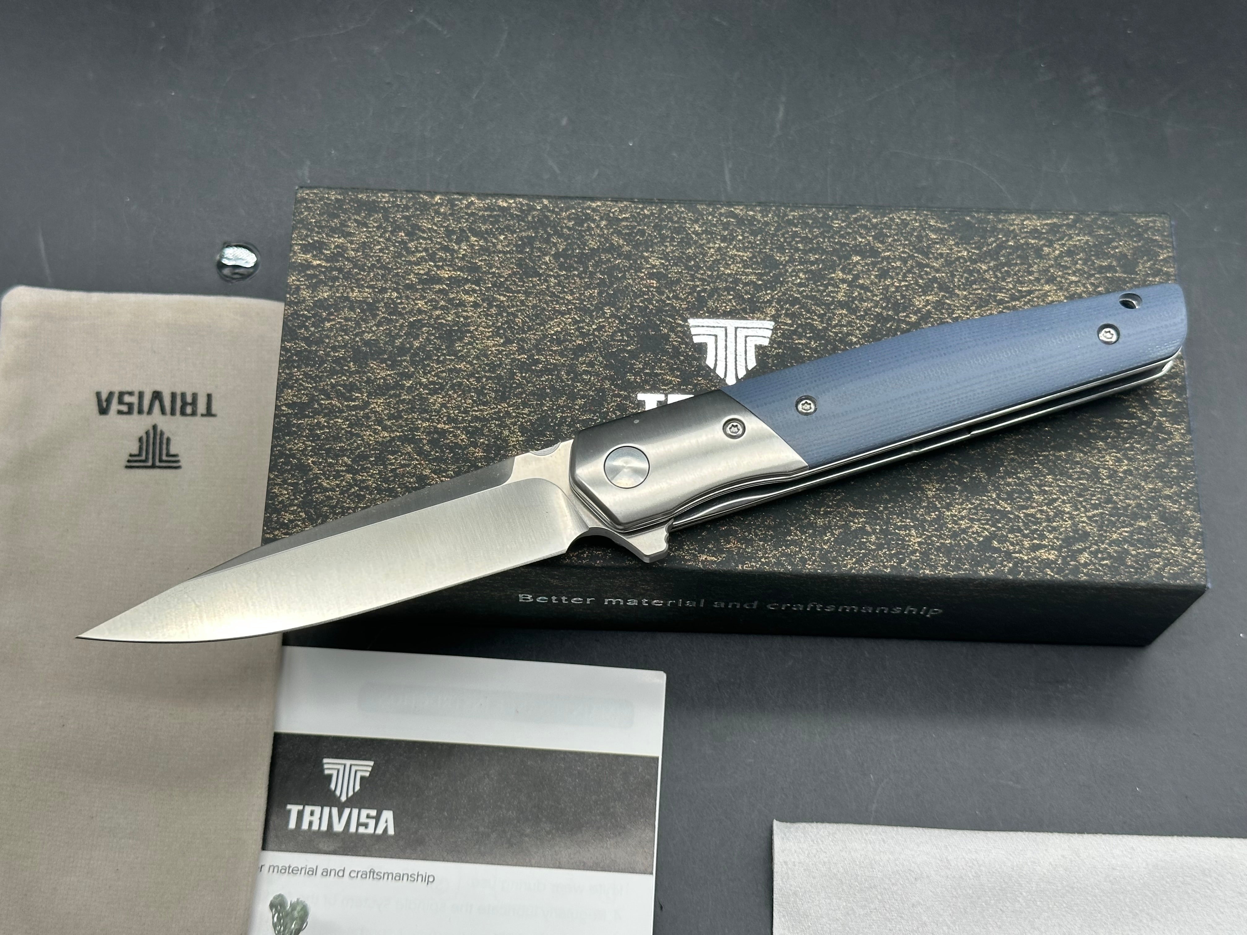 TRIVISA LEOMINOR-03G FOLDING KNIFE BLUE G10 HANDLE K110 PLAIN EDGE SATIN FINISH