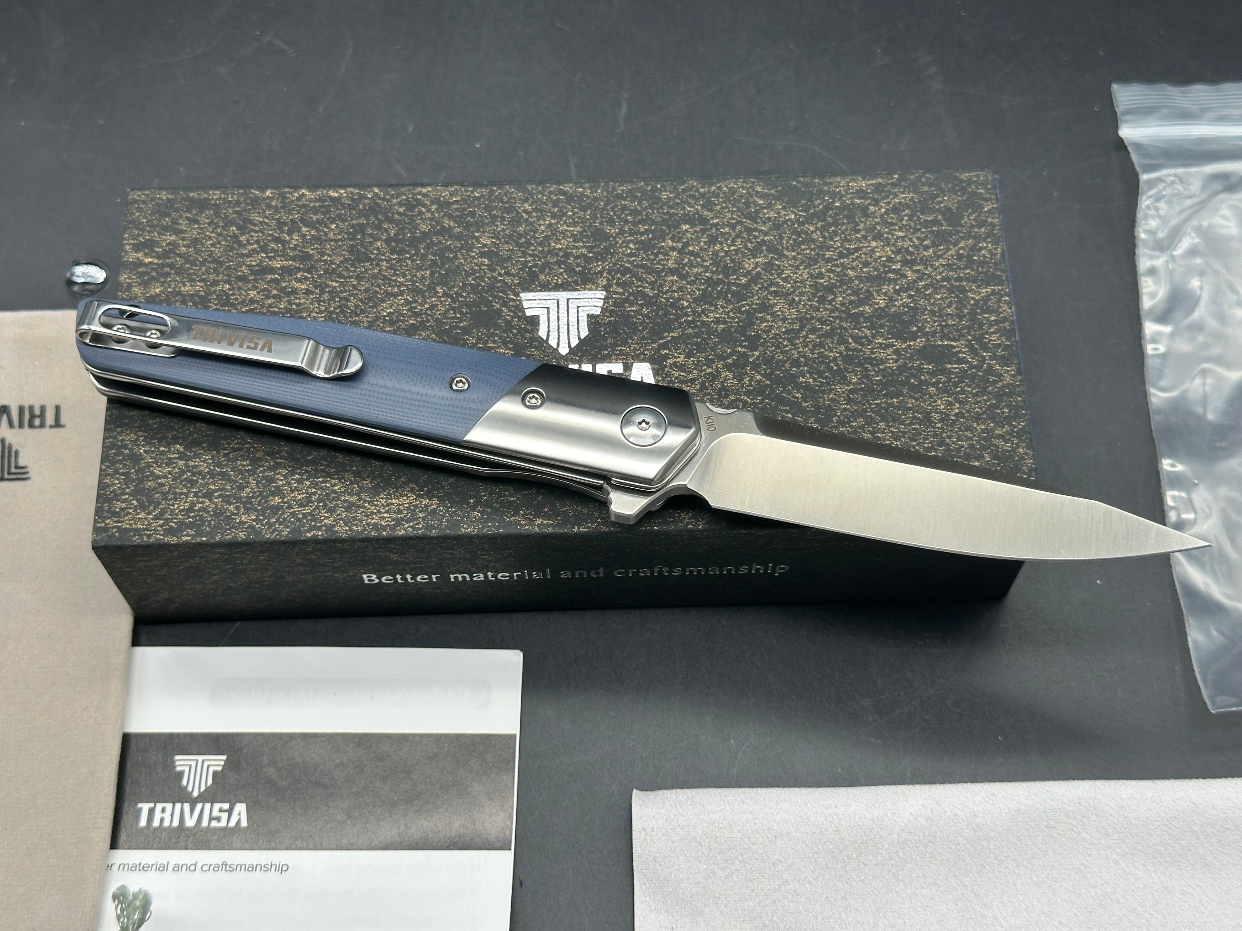 TRIVISA LEOMINOR-03G FOLDING KNIFE BLUE G10 HANDLE K110 PLAIN EDGE SATIN FINISH