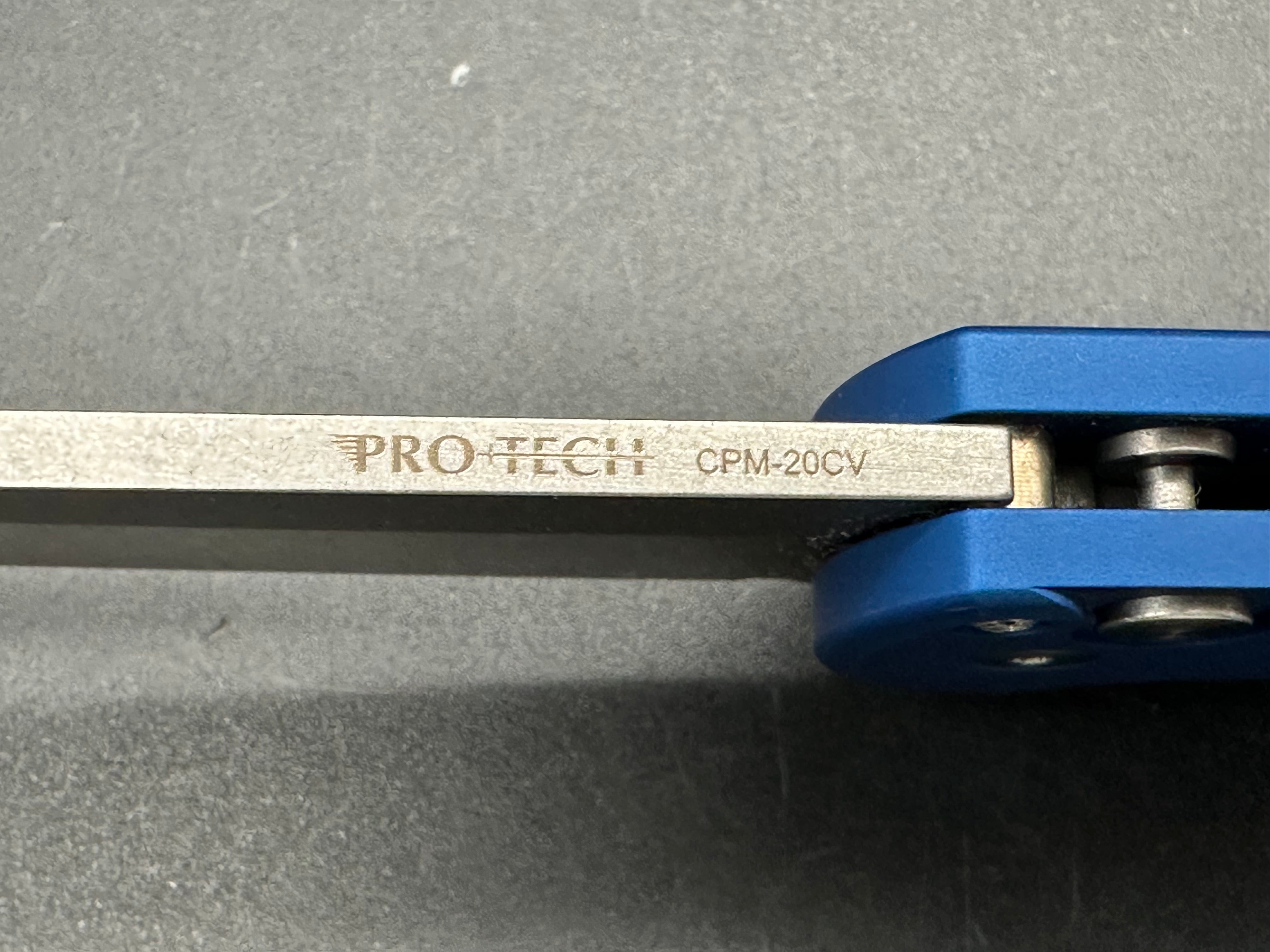 Protech Malibu - Blue handle, stonewash finish 20CV reverse tanto