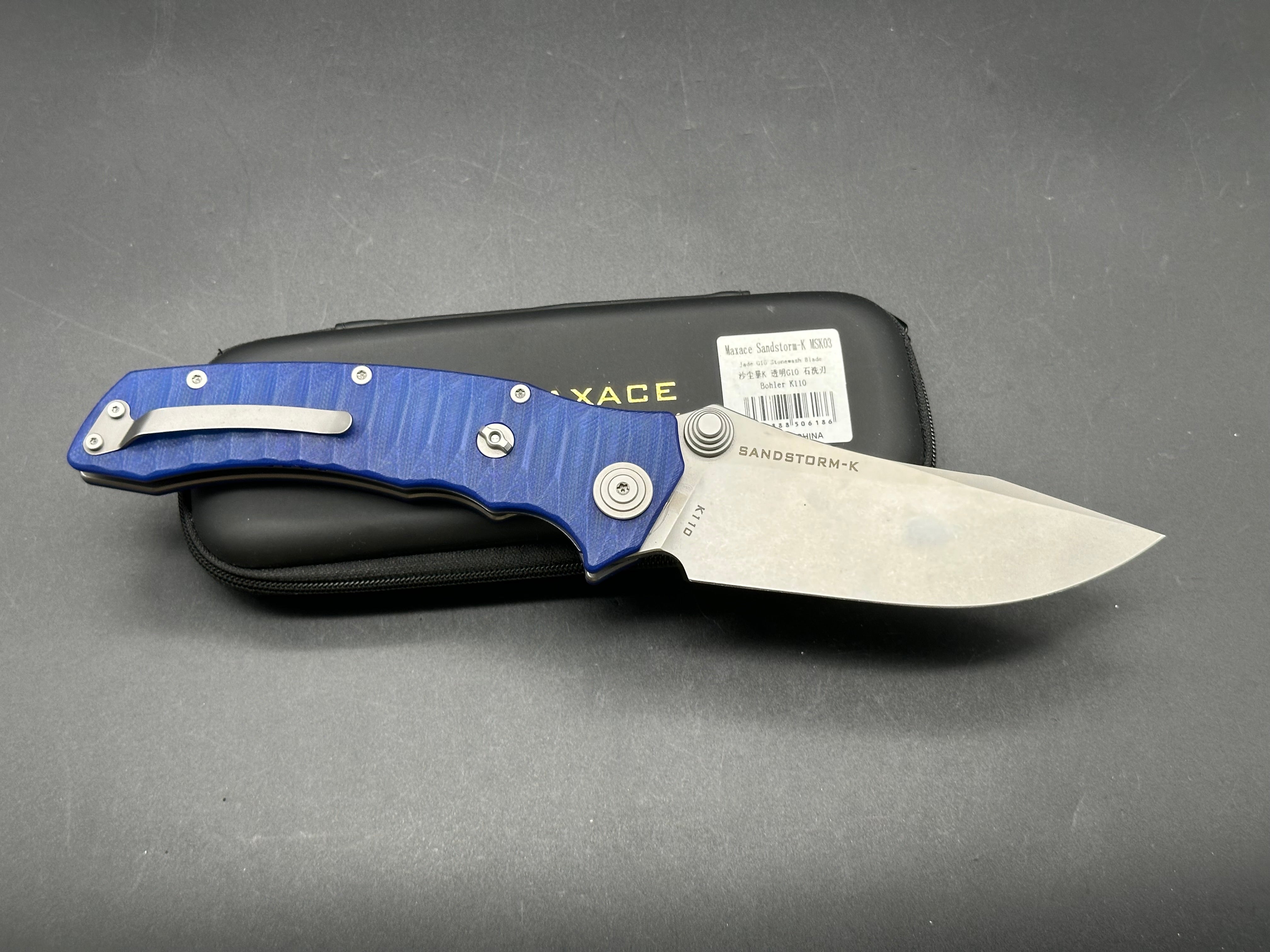 Maxace Knives Sandstorm-K Liner Lock Knife Blue G10 (4.4" Stonewash)