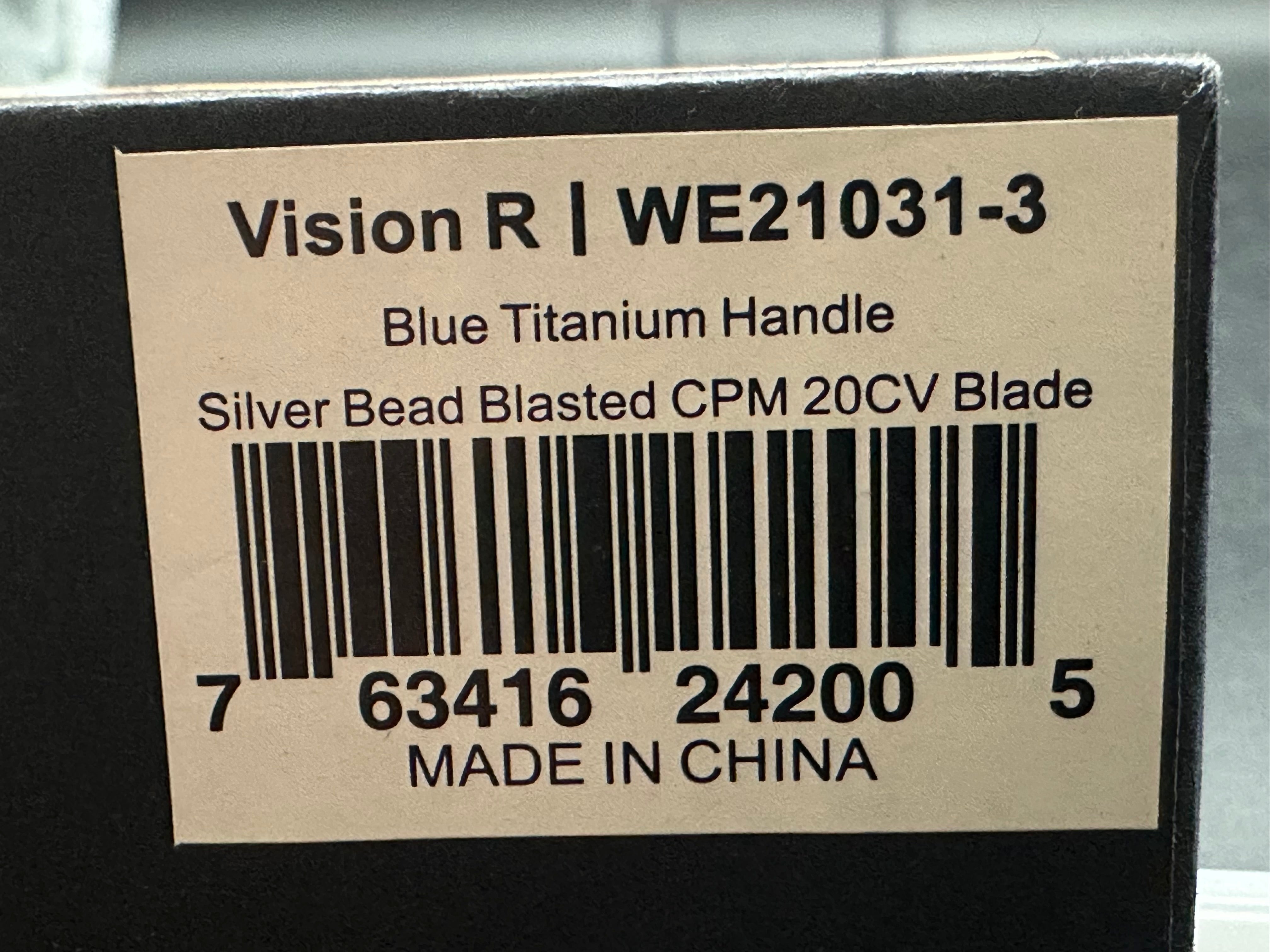 WE VISION R FOLDING KNIFE BLUE TITANIUM HANDLE 20CV REVERSE TANTO PLAIN EDGE SILVER BEAD BLAST FINISH WE21031-3
