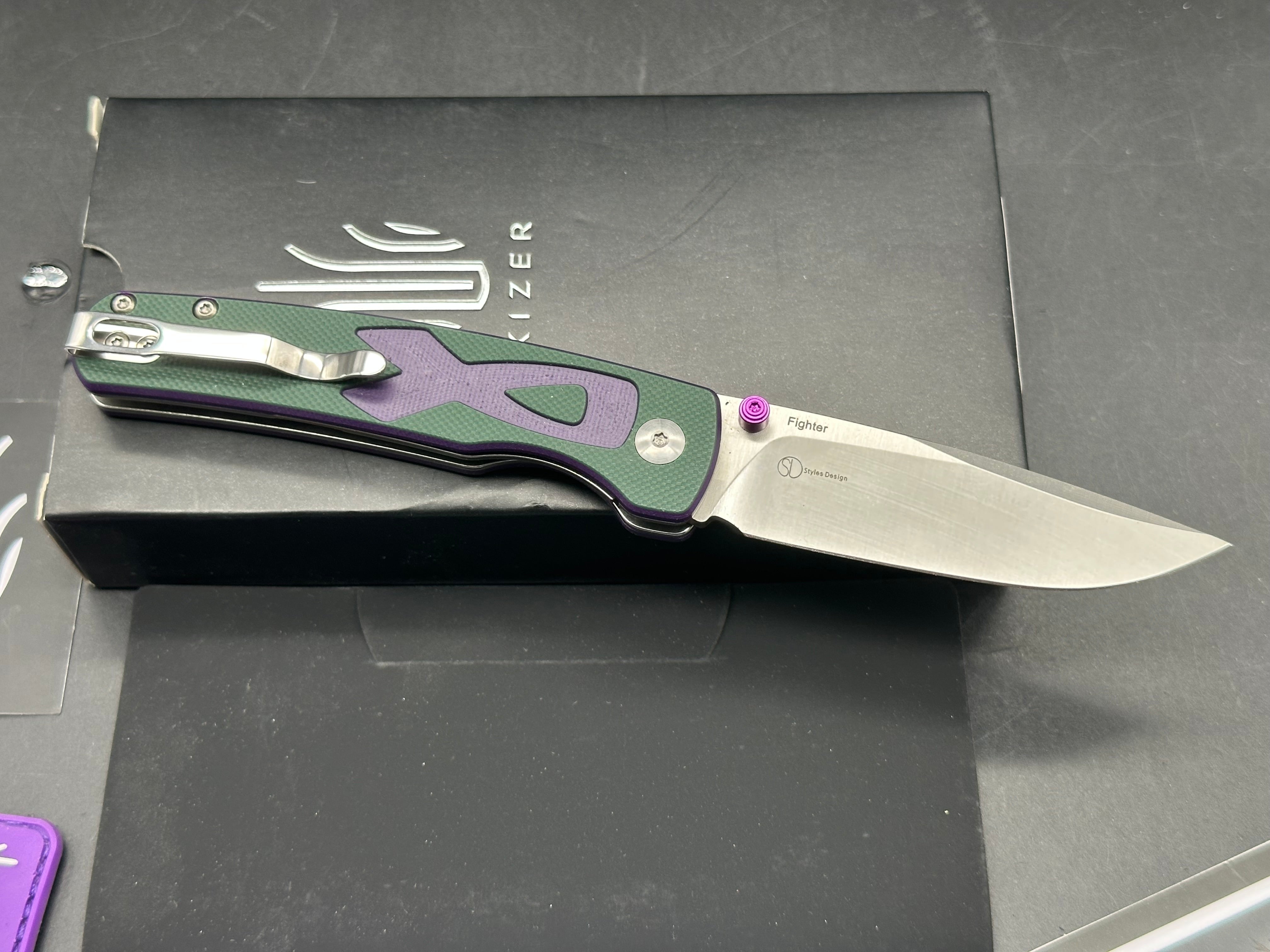 Kizer Vanguard Fighter Knife Green/Purple Ribbon (3.19" Satin)