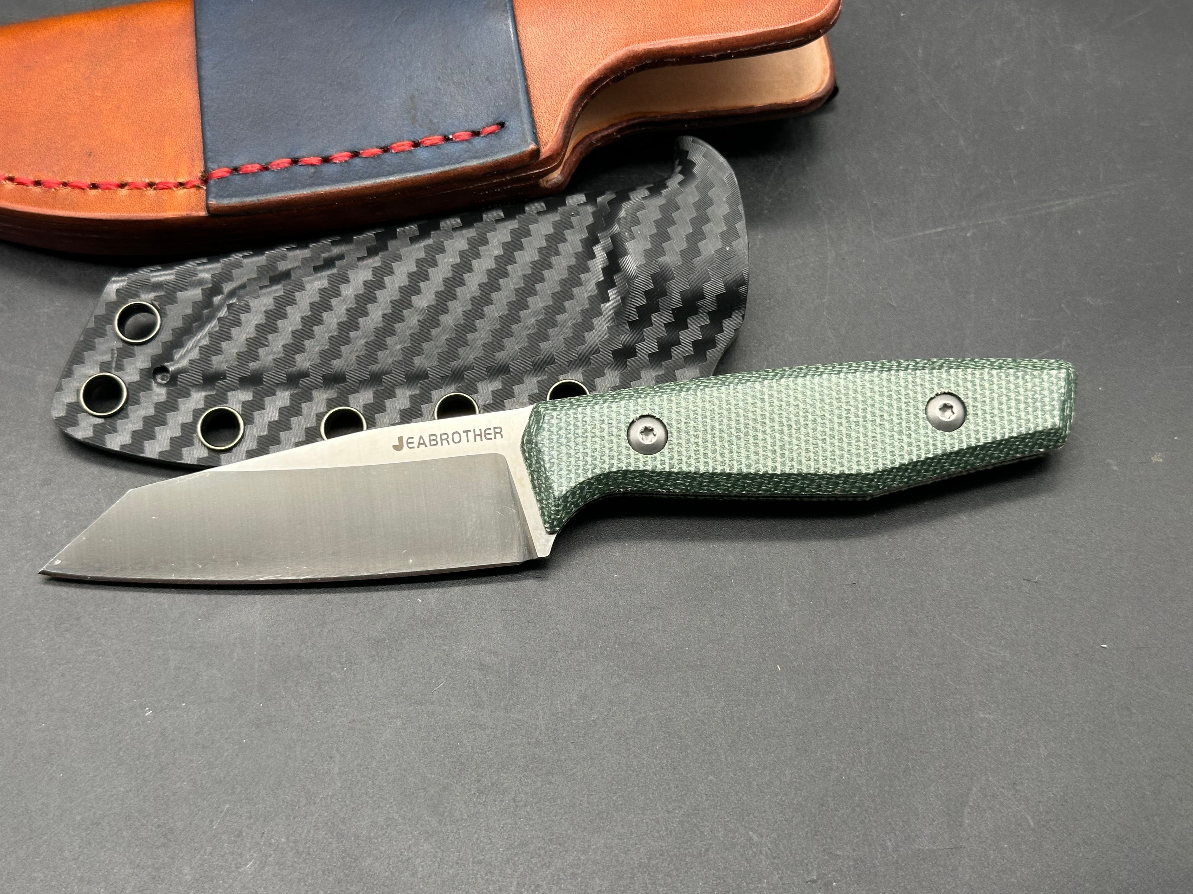 Jeabrother fixed blade knife 14C28N / green micarta / regular sheath plus custom sheath