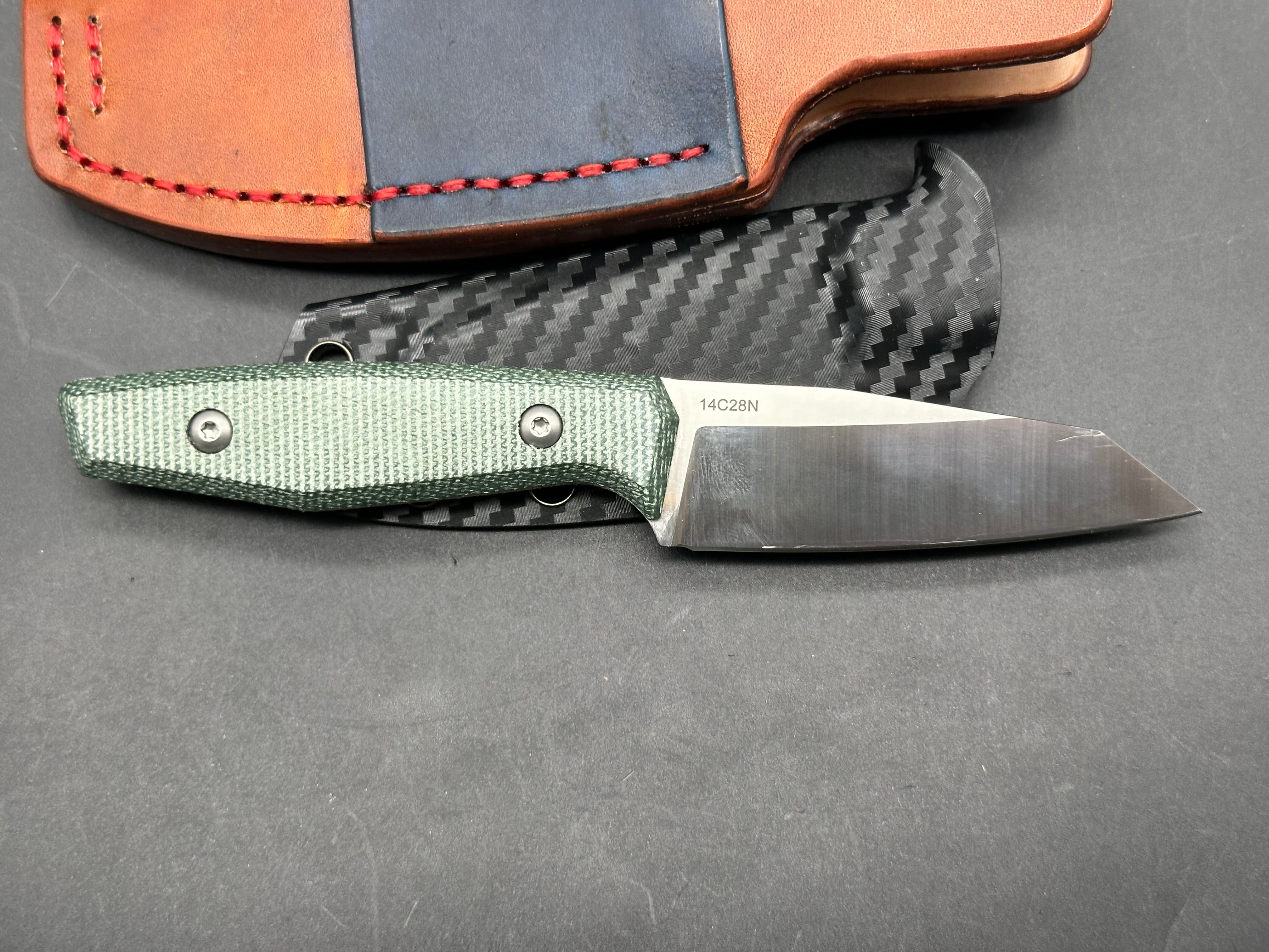Jeabrother fixed blade knife 14C28N / green micarta / regular sheath plus custom sheath