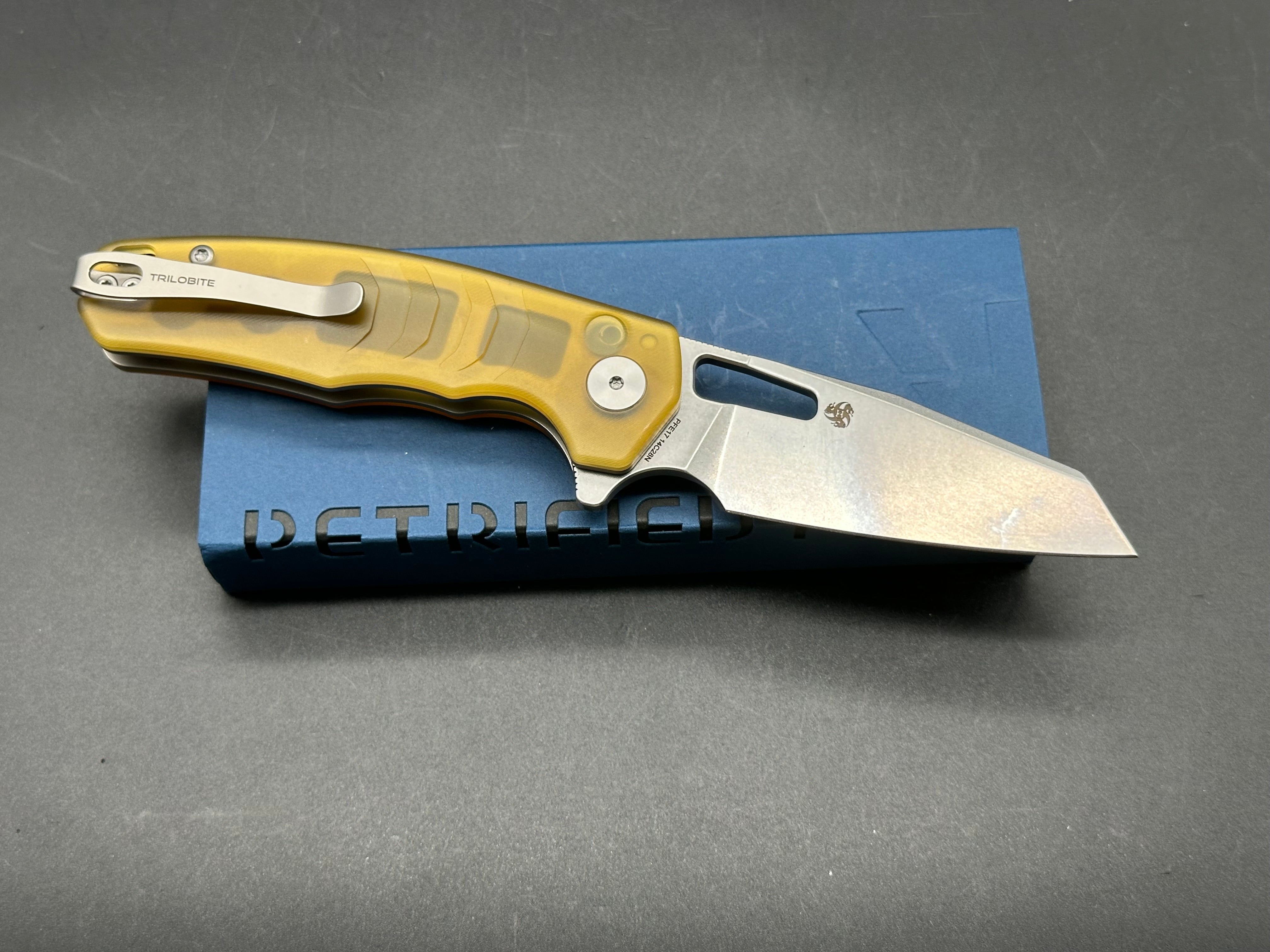 Petrified Fish PFE17 Trilobite 3 inch 14C28N Steel Blade ULTEM Handle Flipper Button lock