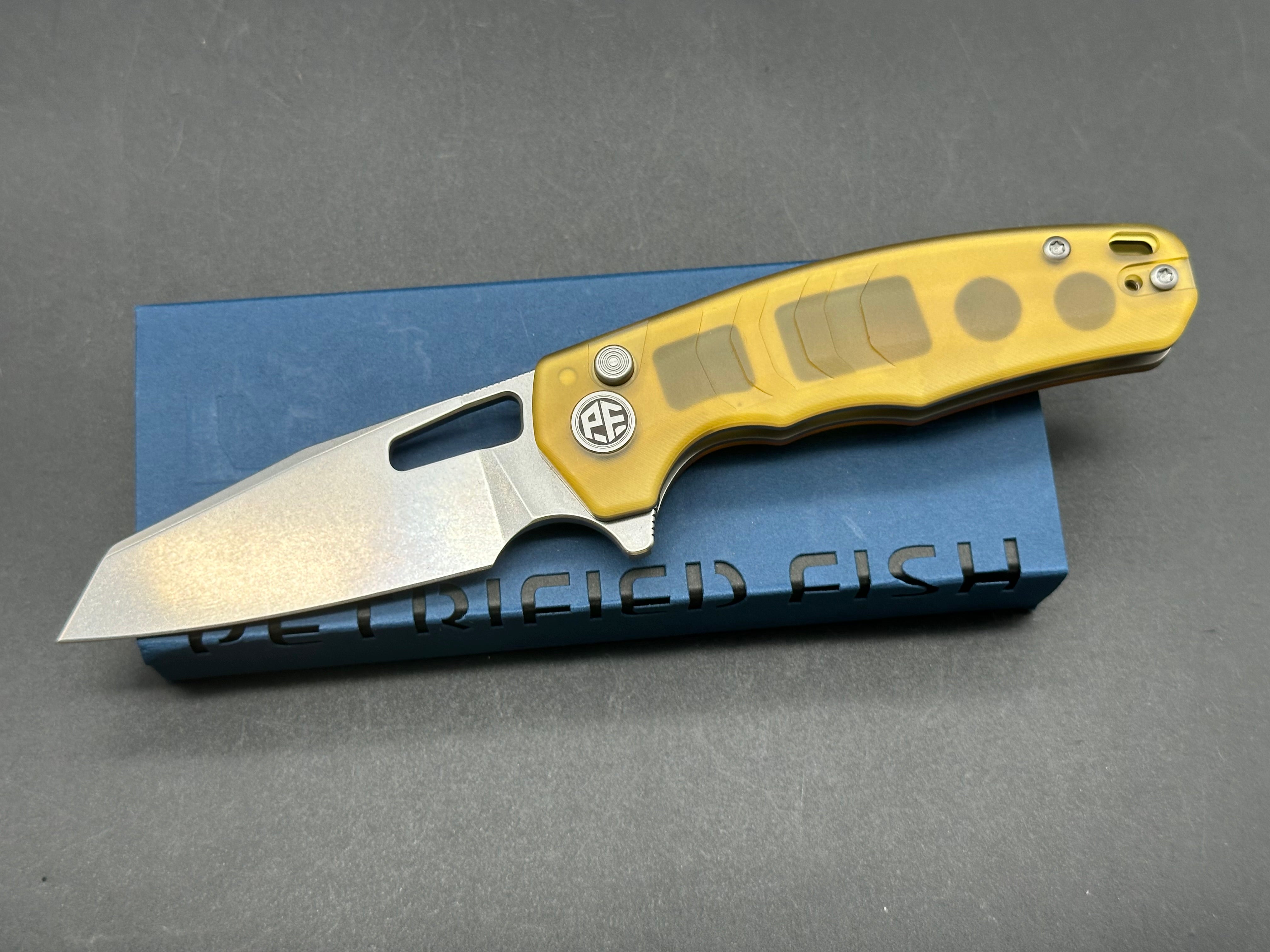 Petrified Fish PFE17 Trilobite 3 inch 14C28N Steel Blade ULTEM Handle Flipper Button lock
