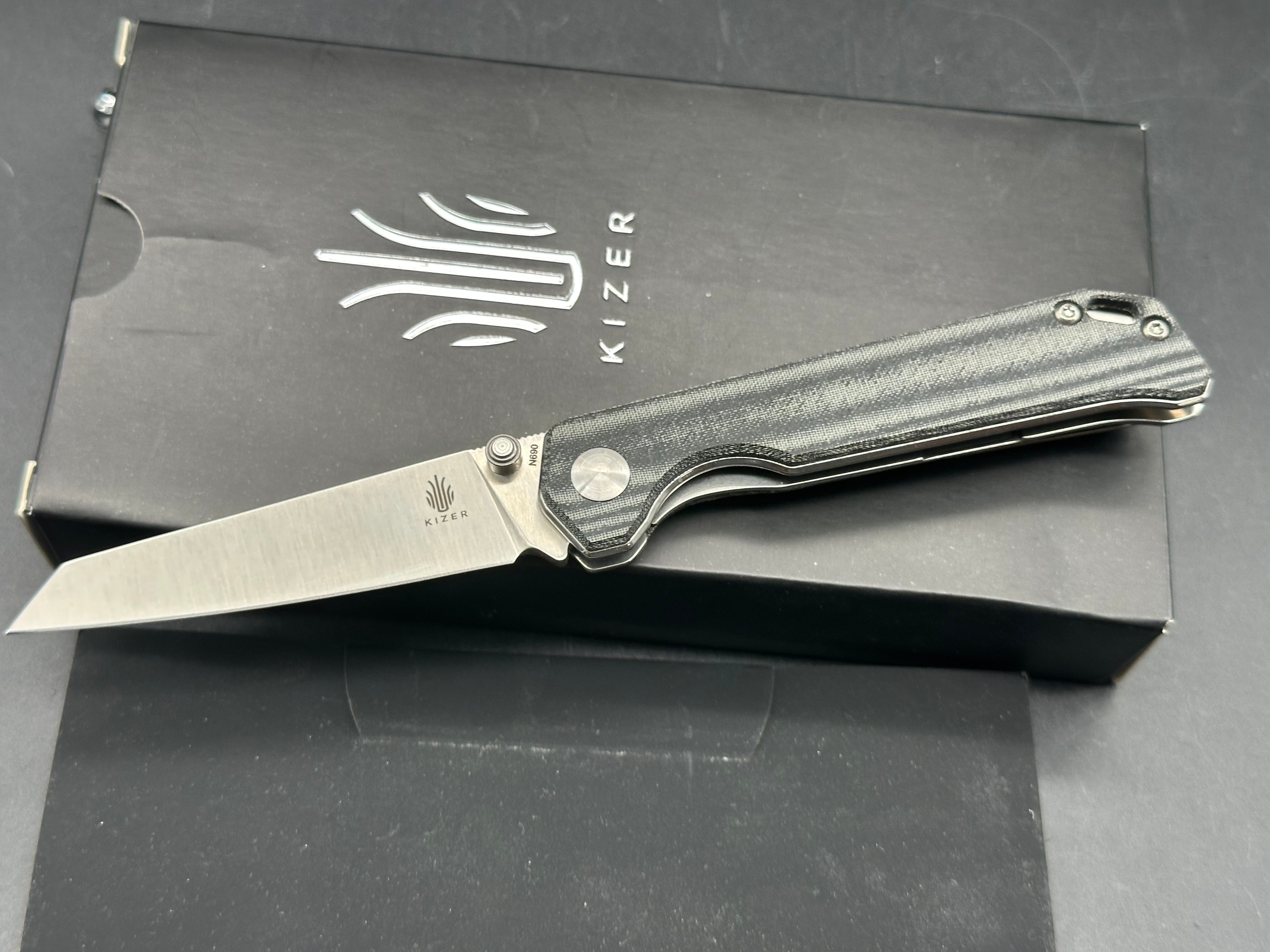 KIZER MINI BEGLEITER FOLDING KNIFE MICARTA HANDLE 2.91" STONEWASHED N690 TANTO BLADE