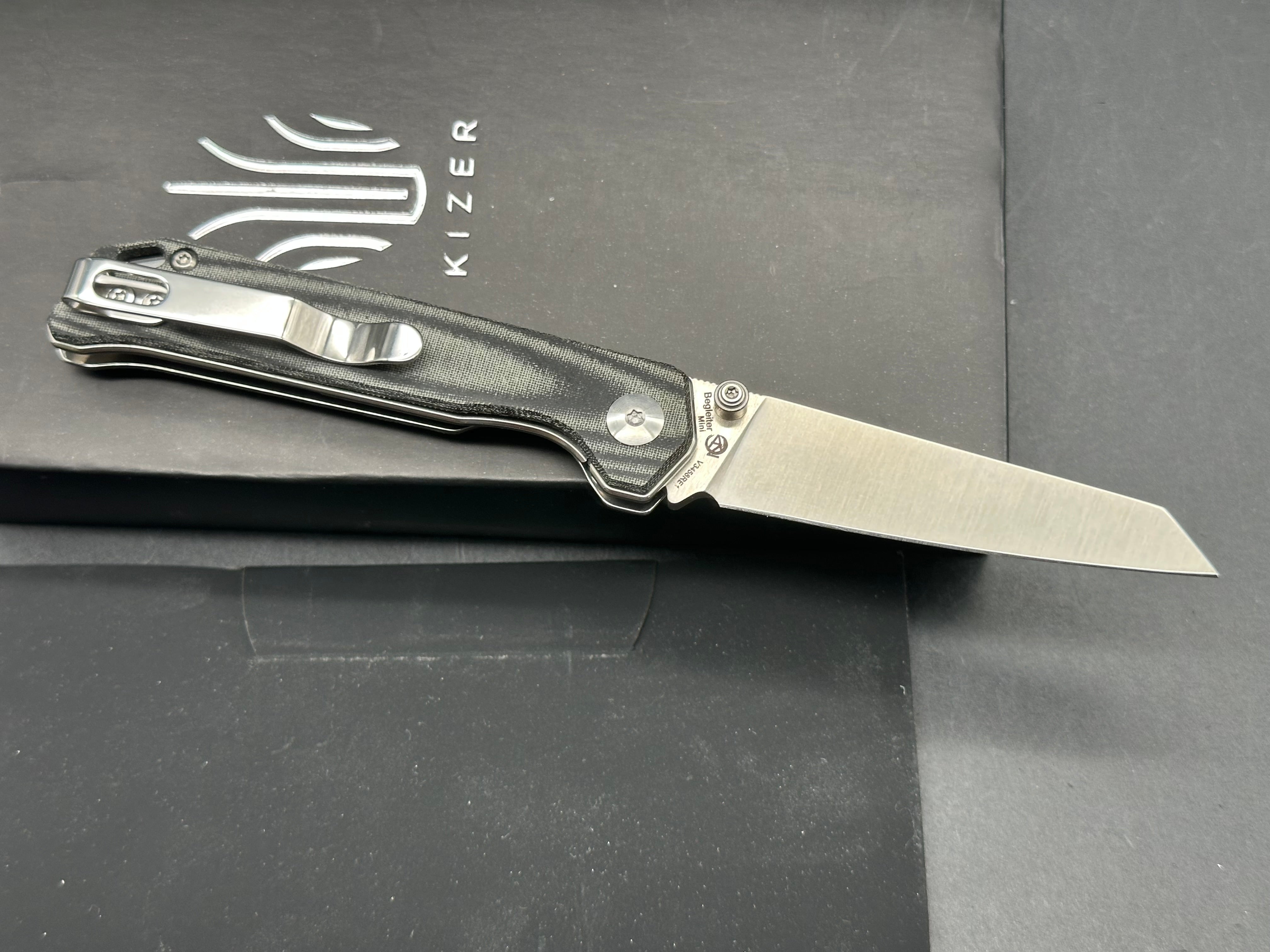 KIZER MINI BEGLEITER FOLDING KNIFE MICARTA HANDLE 2.91" STONEWASHED N690 TANTO BLADE