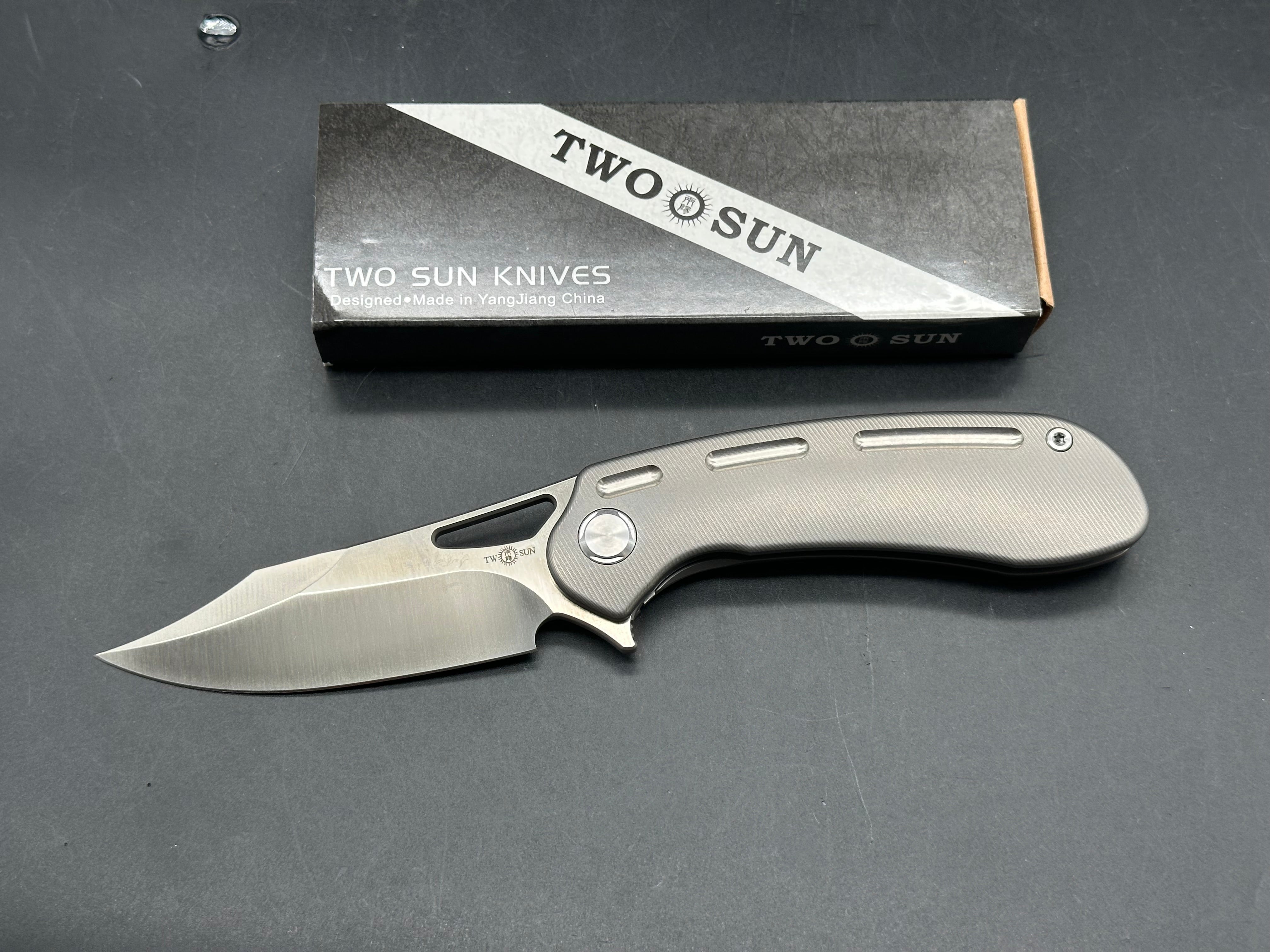 TWOSUN FOLDING KNIFE GREY TITANIUM HANDLE S110V PLAIN EDGE TS261