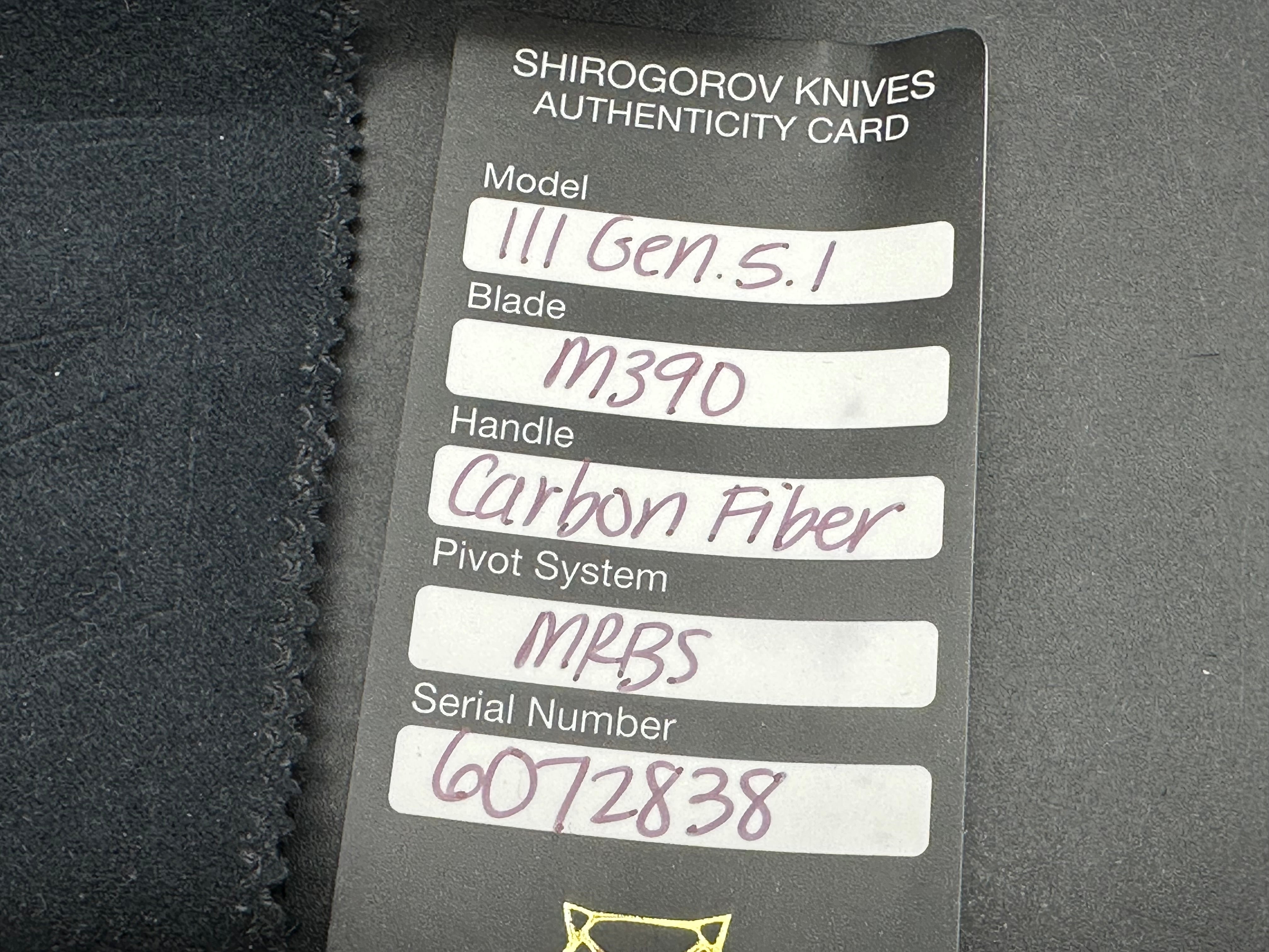 Shirogorov 111 GEN 5.1 – M390 BLADE – MARBLE CARBON FIBER HANDLE – MRBS