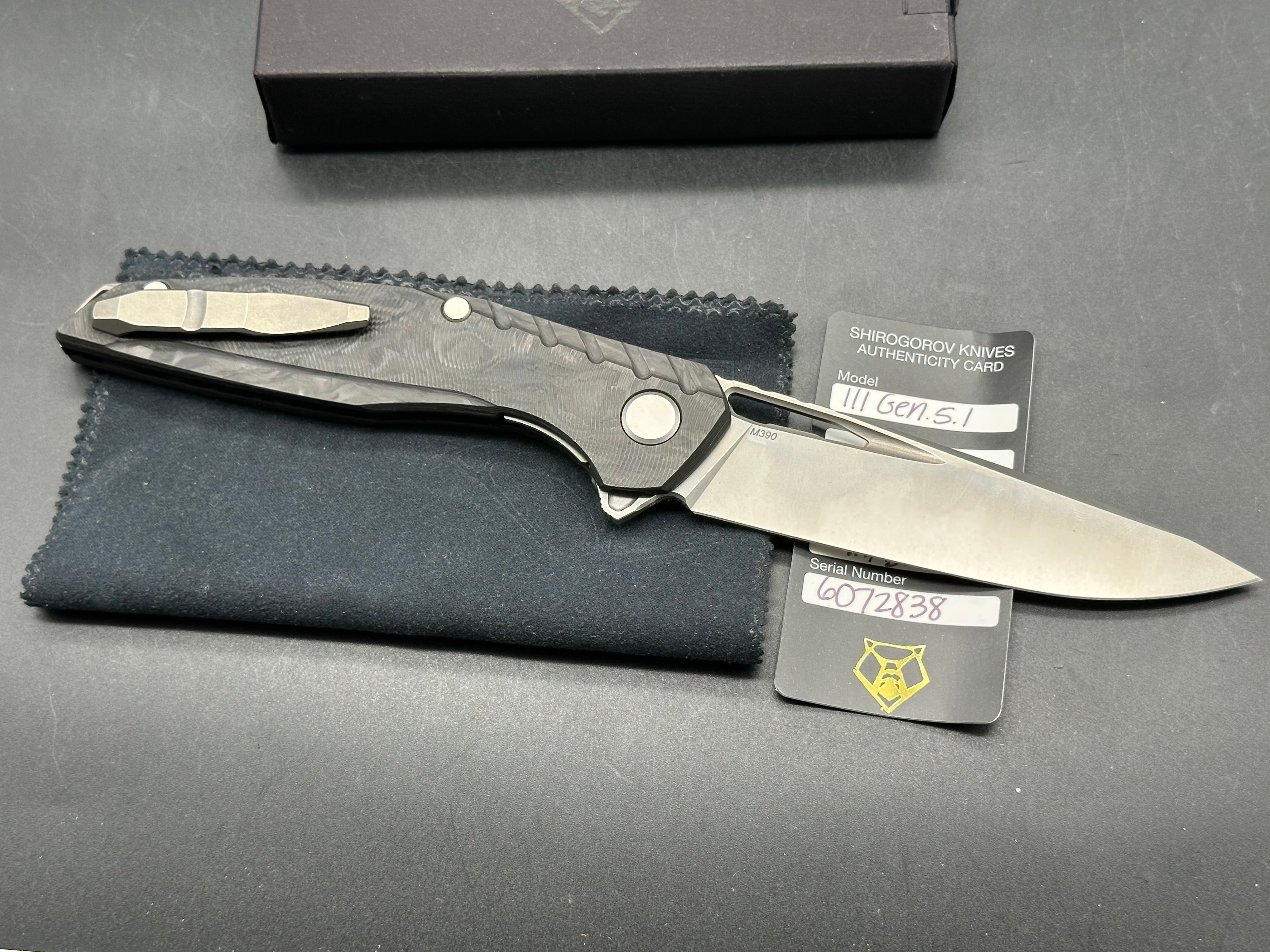 Shirogorov 111 GEN 5.1 – M390 BLADE – MARBLE CARBON FIBER HANDLE – MRBS