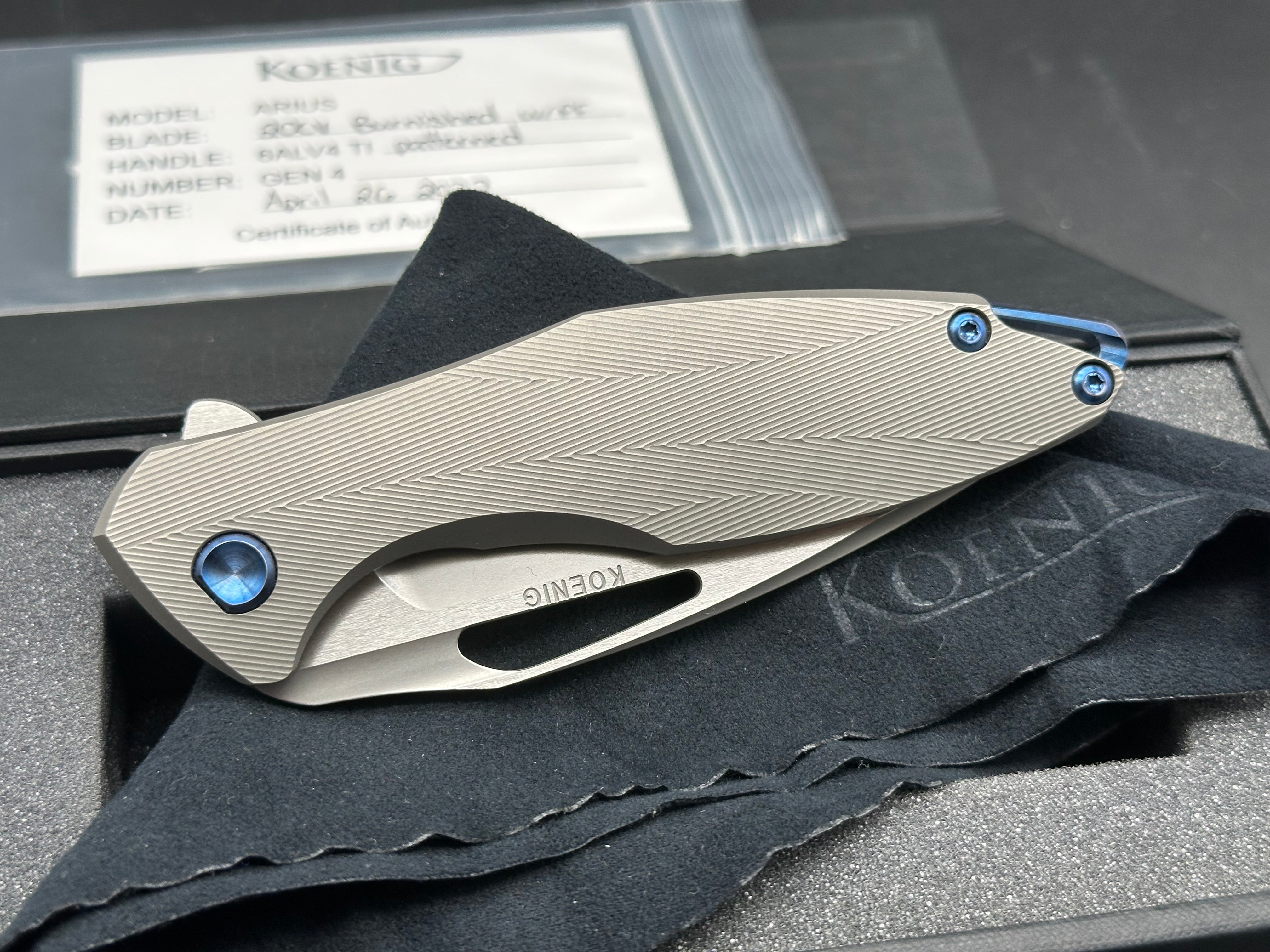 Koenig Arius with M390 Burnished Blade (3.5"), Bead Blast Patterned Ti Blue Hardware