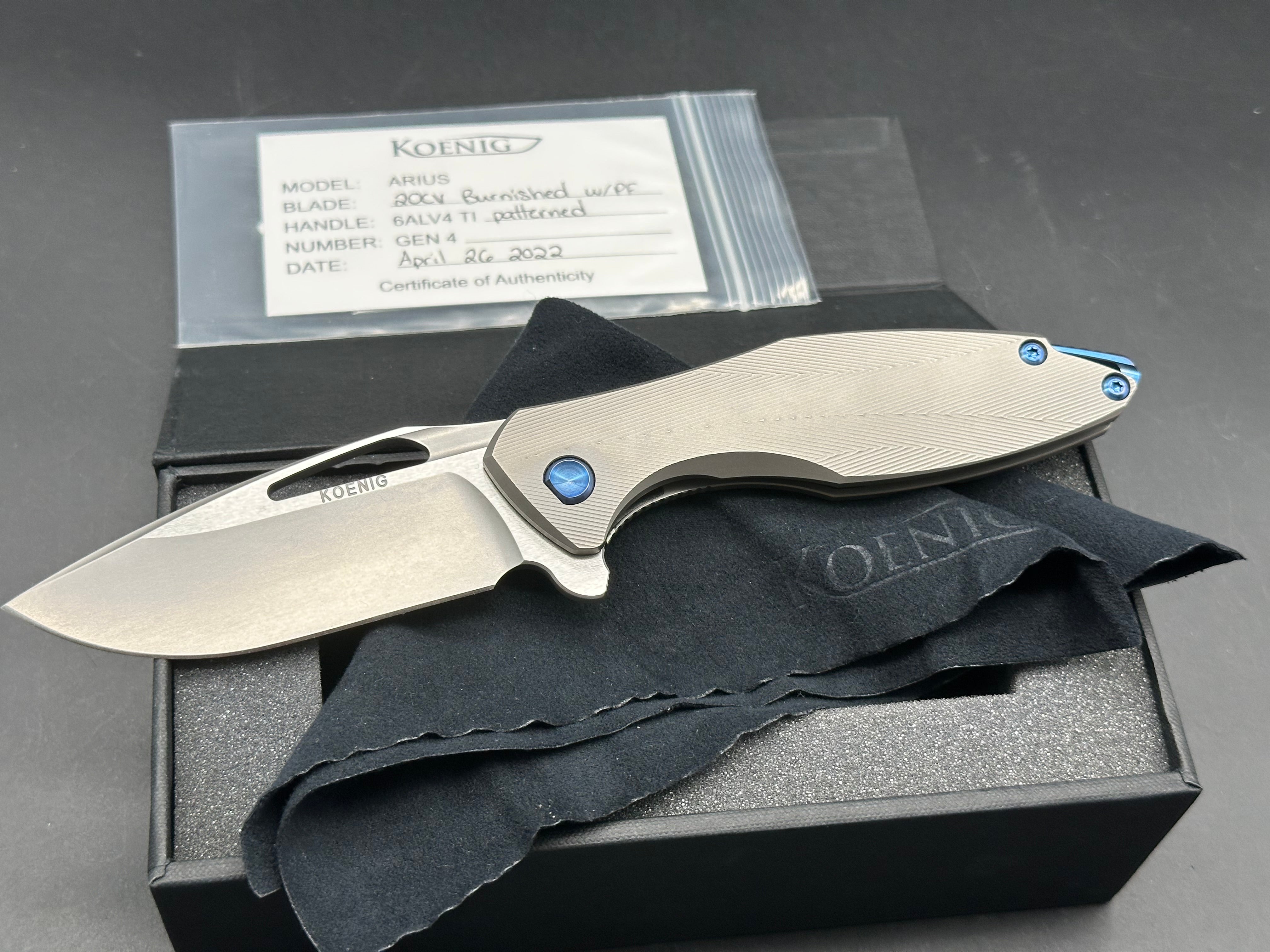Koenig Arius with M390 Burnished Blade (3.5"), Bead Blast Patterned Ti Blue Hardware