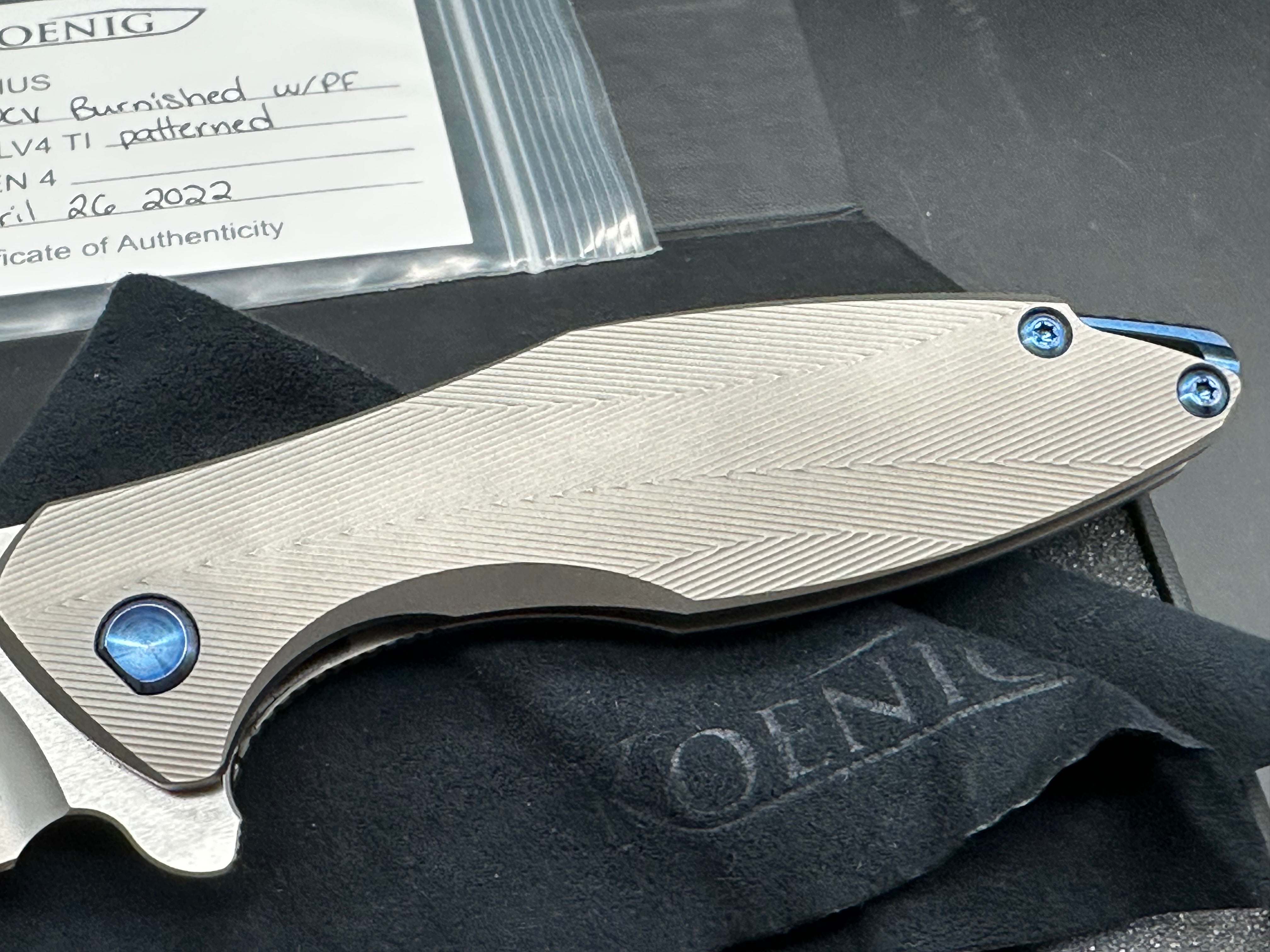 Koenig Arius with M390 Burnished Blade (3.5"), Bead Blast Patterned Ti Blue Hardware