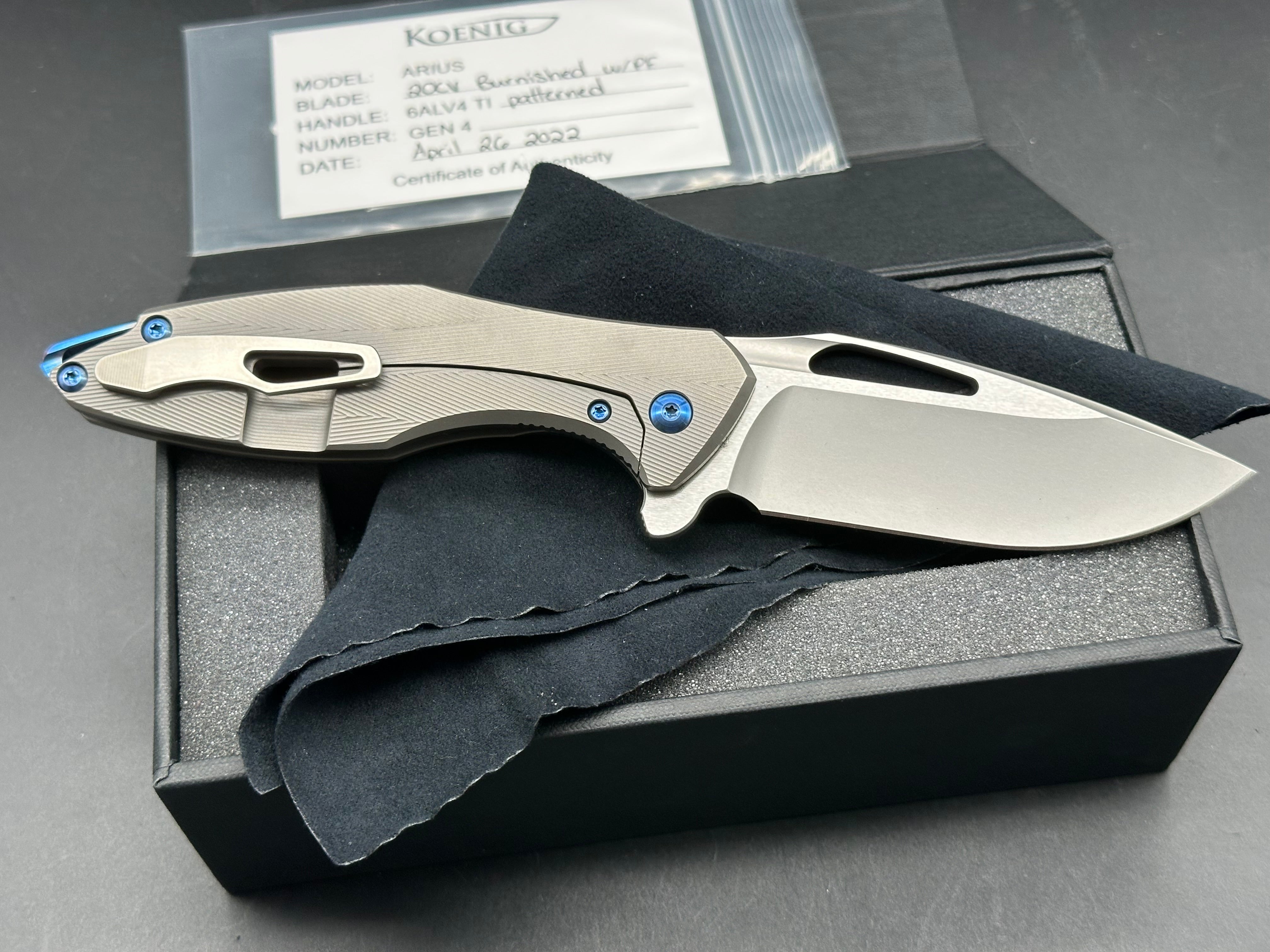 Koenig Arius with M390 Burnished Blade (3.5"), Bead Blast Patterned Ti Blue Hardware