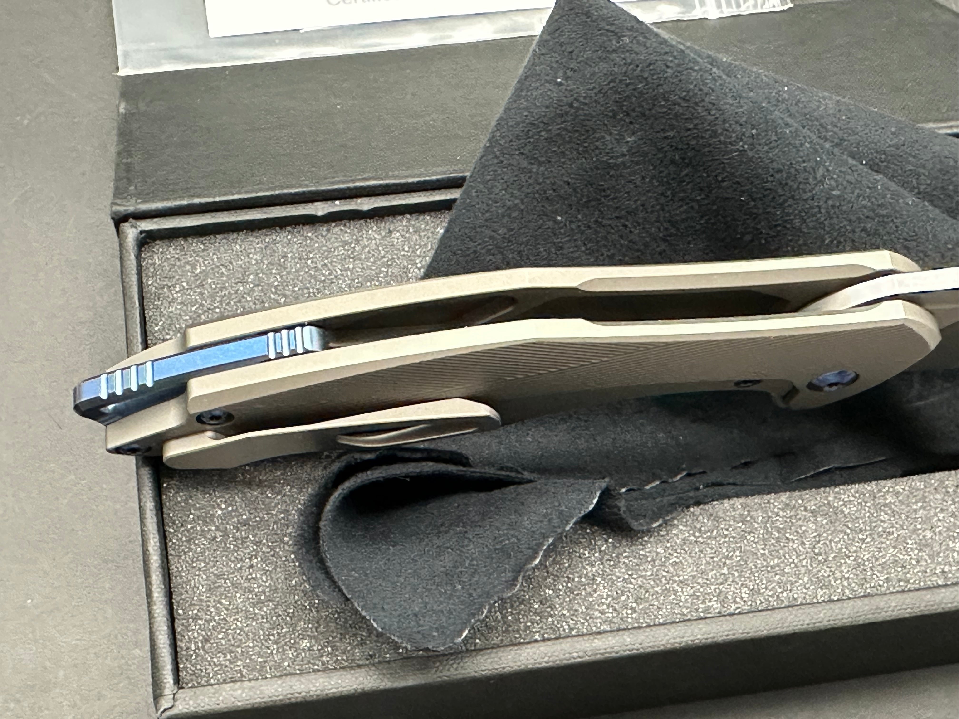 Koenig Arius with M390 Burnished Blade (3.5"), Bead Blast Patterned Ti Blue Hardware