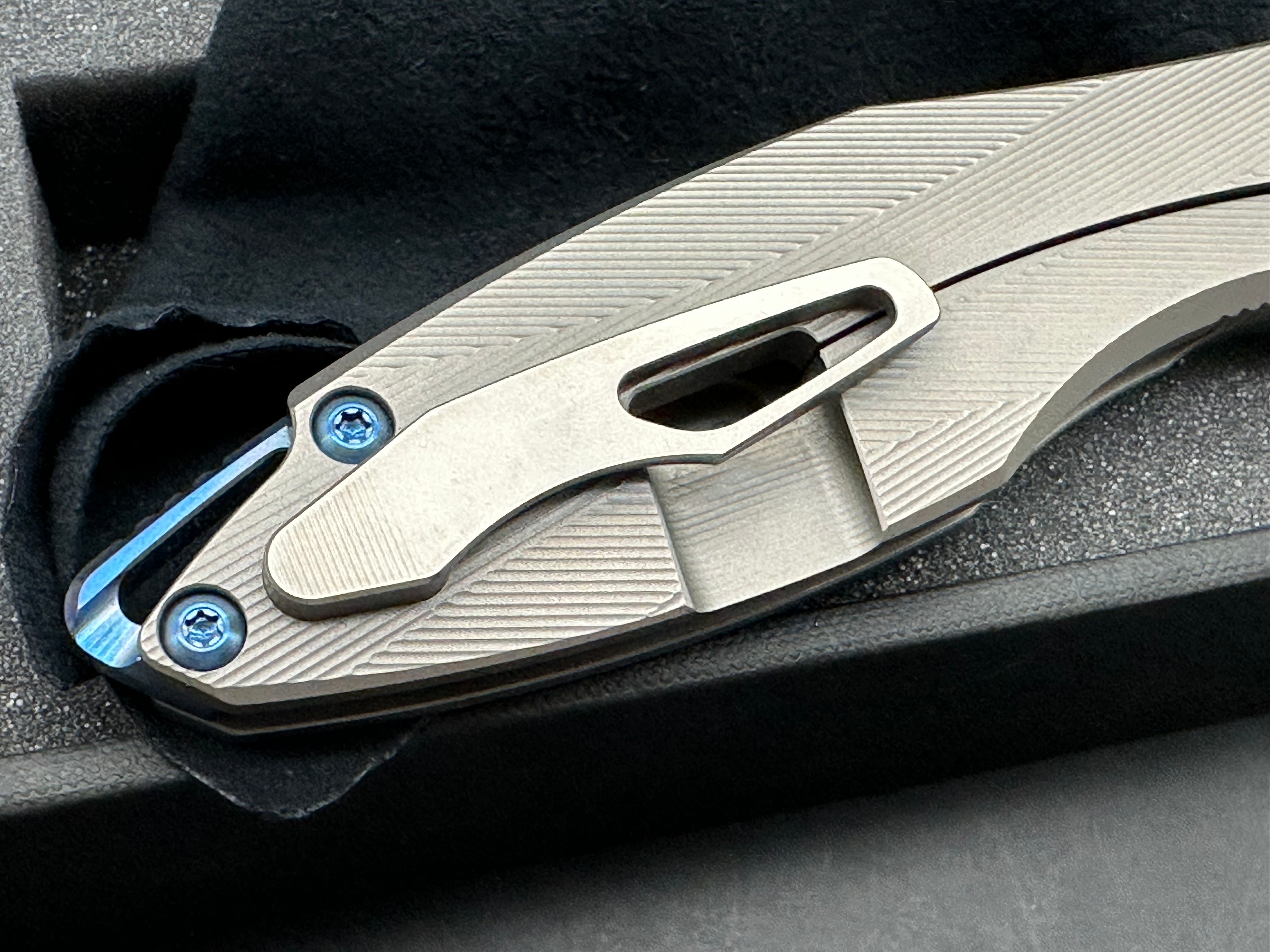 Koenig Arius with M390 Burnished Blade (3.5"), Bead Blast Patterned Ti Blue Hardware