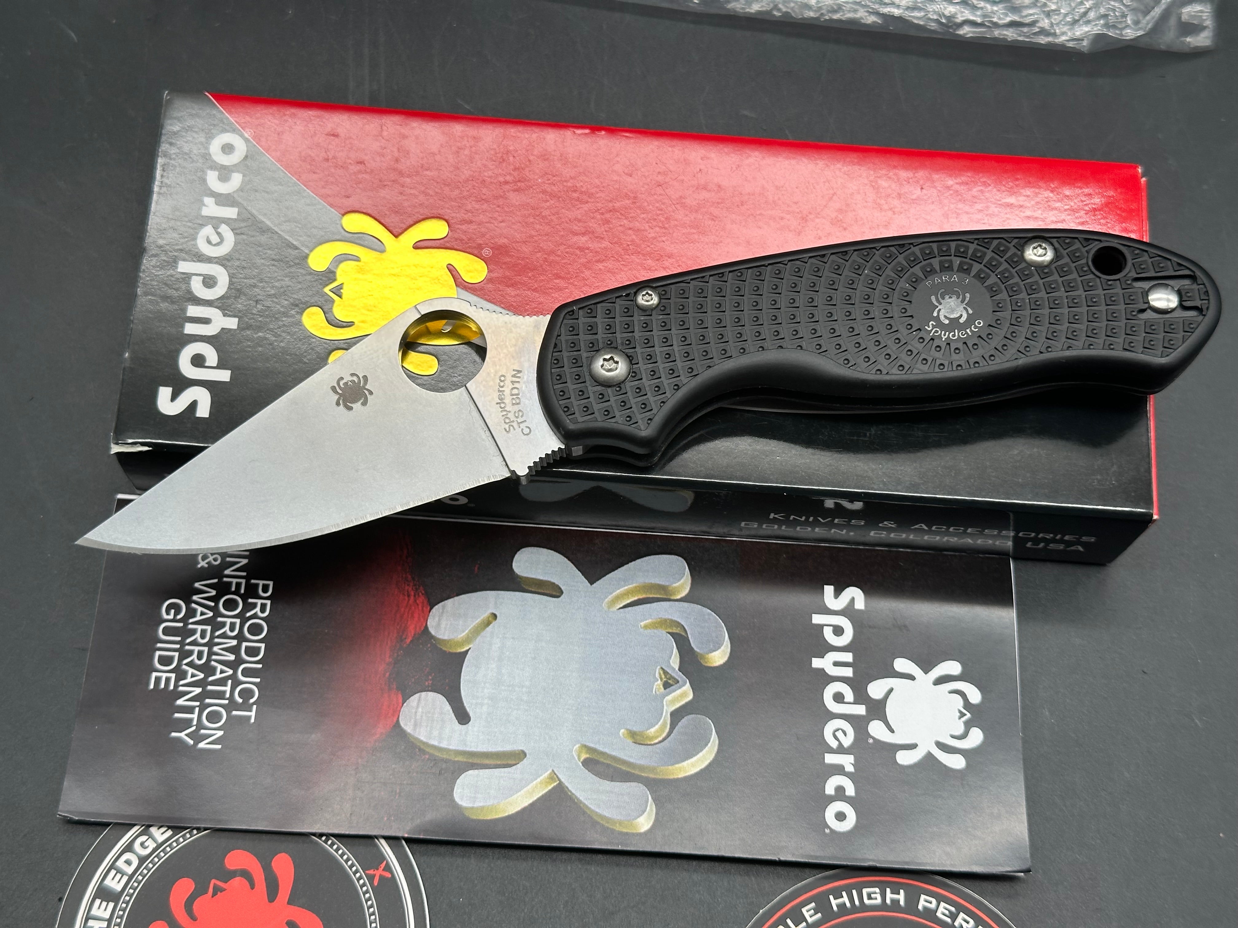 Spyderco Para 3 Lightweight, 2.93" CTS BD1N Black FRN Scales plus Lynch NW Titanium Pocket Clip Installed