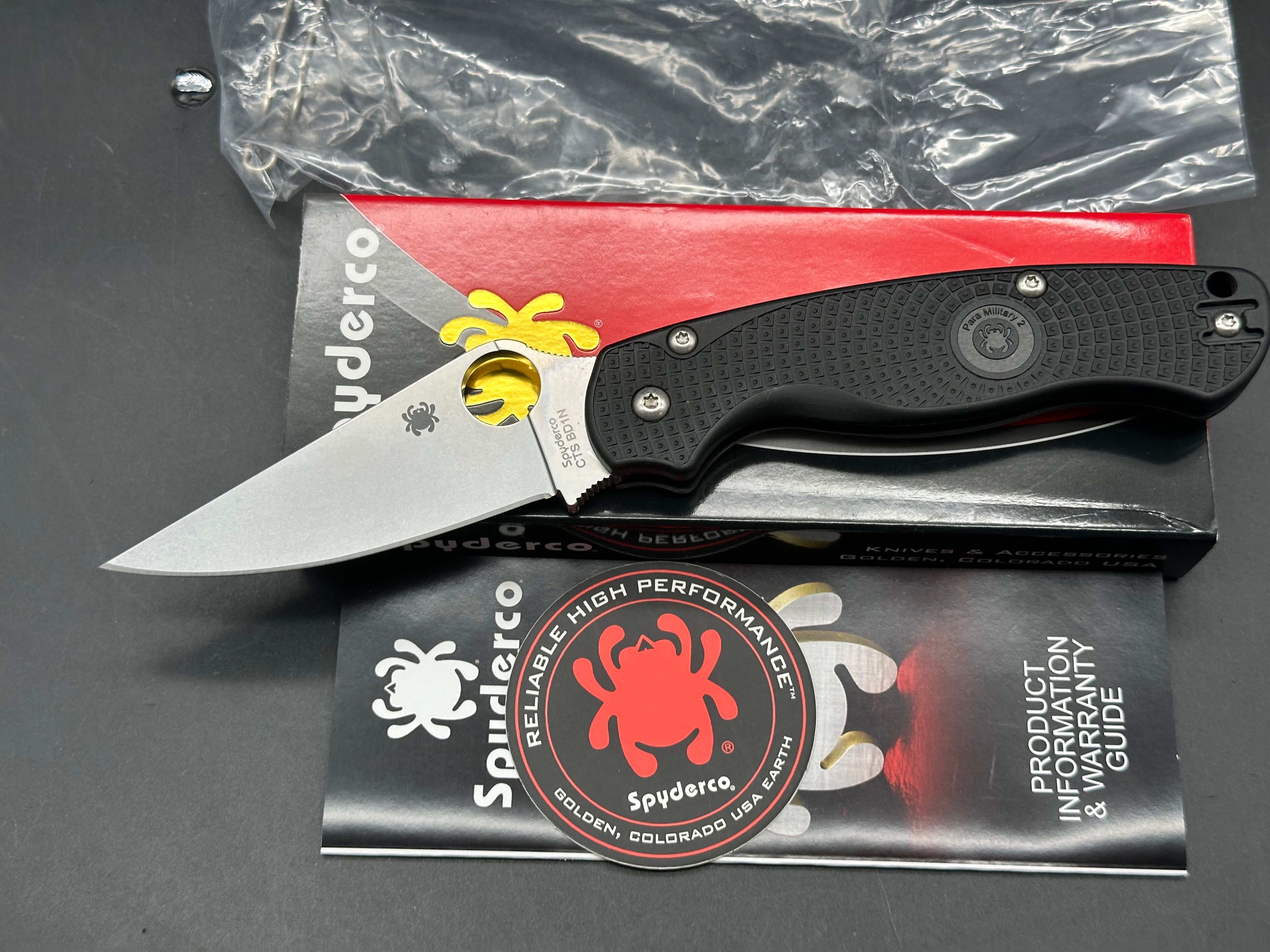 Spyderco Para Military 2 Lightweight, 3.47" CTS BD1N Stonewash Blade with Black FRN Scales plus Lynch Titanium Clip