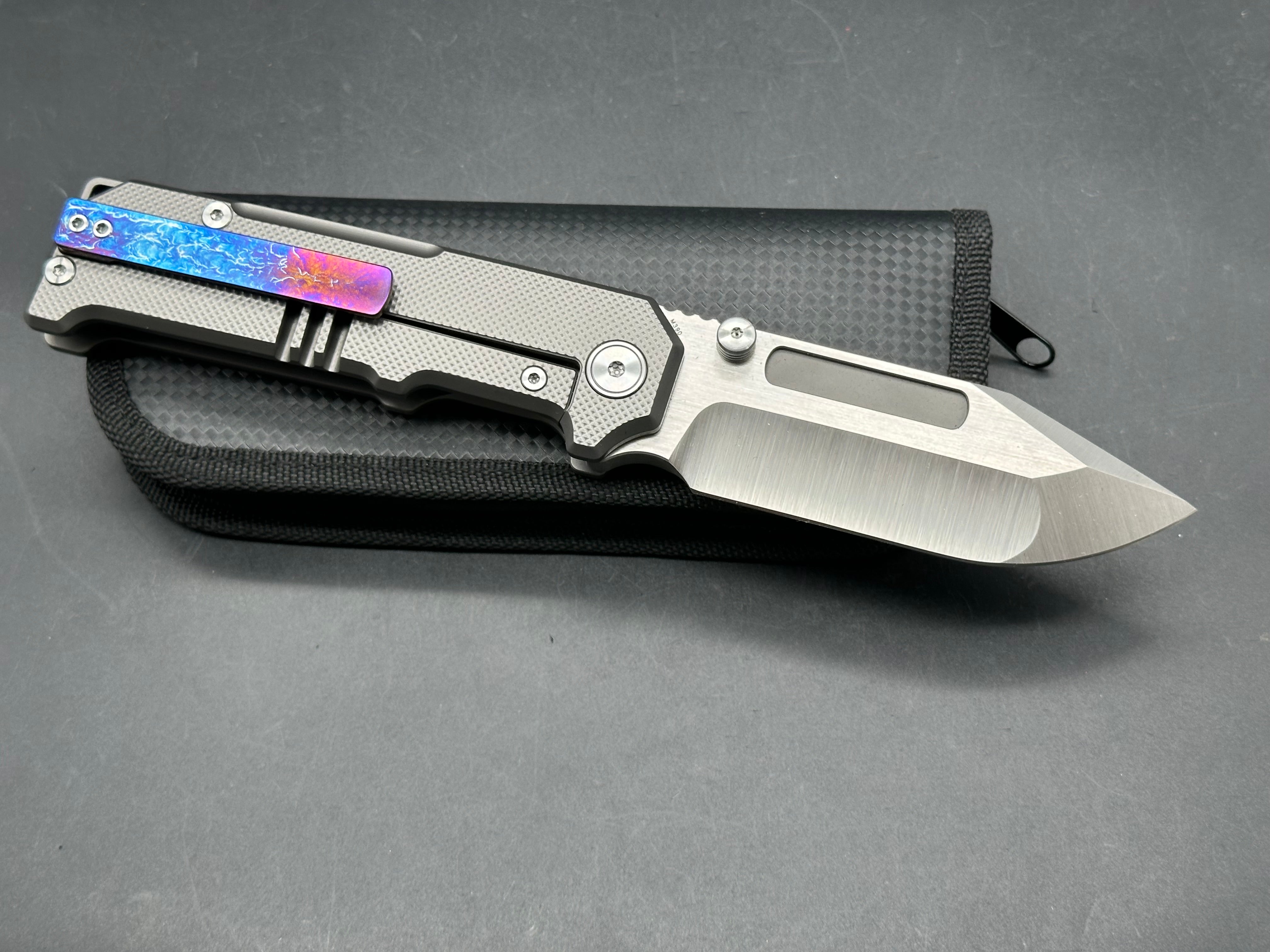 Miguron Knives - Geddon/Dark Grey PVD Milled Ti Frame & Satin Hardware + Custom Ano Pocket Clip M390