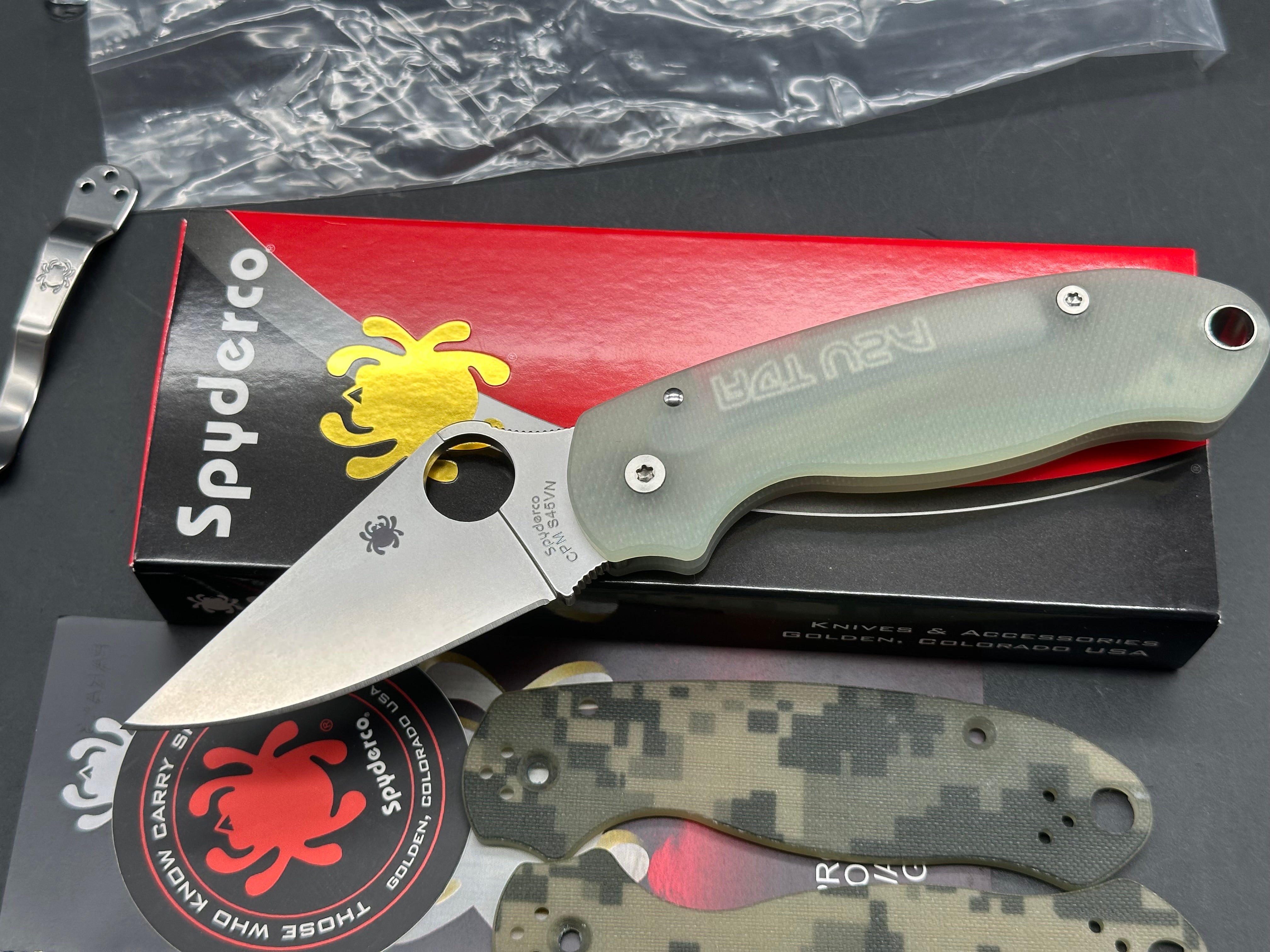 Spyderco Para 3, 2.93" CPM S45VN Stonewash Modified Clip Point Blade with Ripp's Garage Tech (RGT) Milled Natural G10 Scales plus Lynch Titanium Pocket Clip