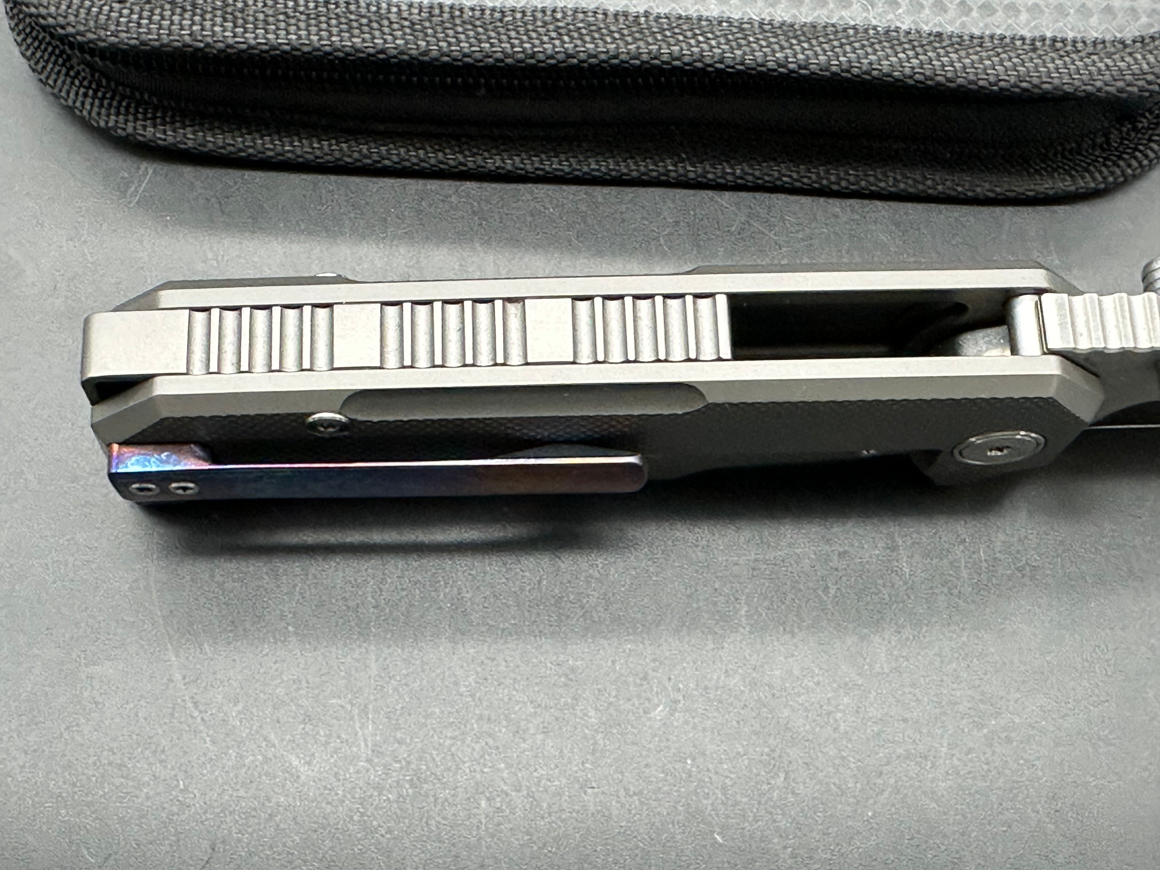 Miguron Knives - Geddon/Dark Grey PVD Milled Ti Frame & Satin Hardware + Custom Ano Pocket Clip M390