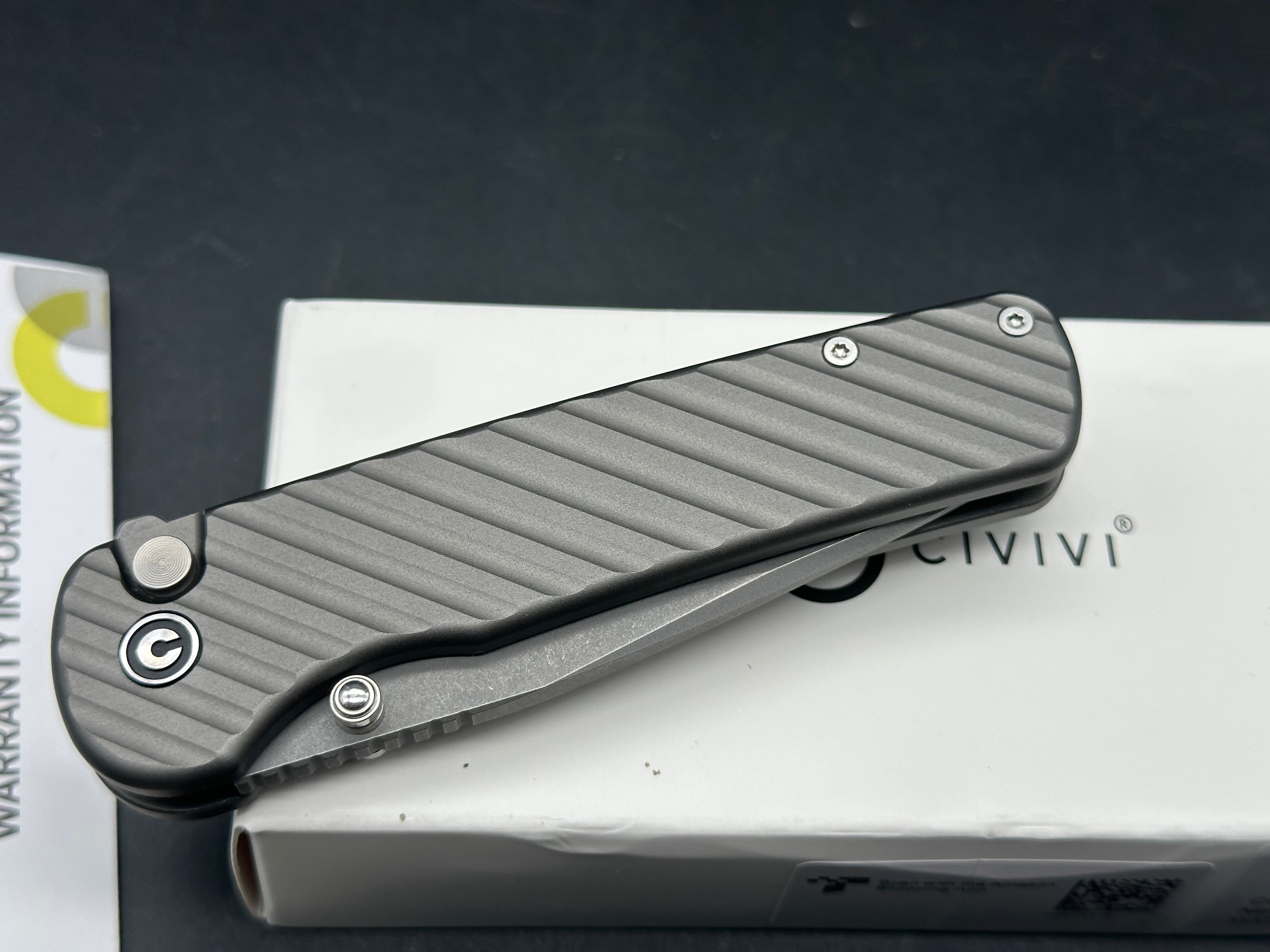 Civivi Iron Tide, 3.24" 14C28N Gray Stonewash Clip Point Blade with Gray Anodized Milled Aluminum Scales