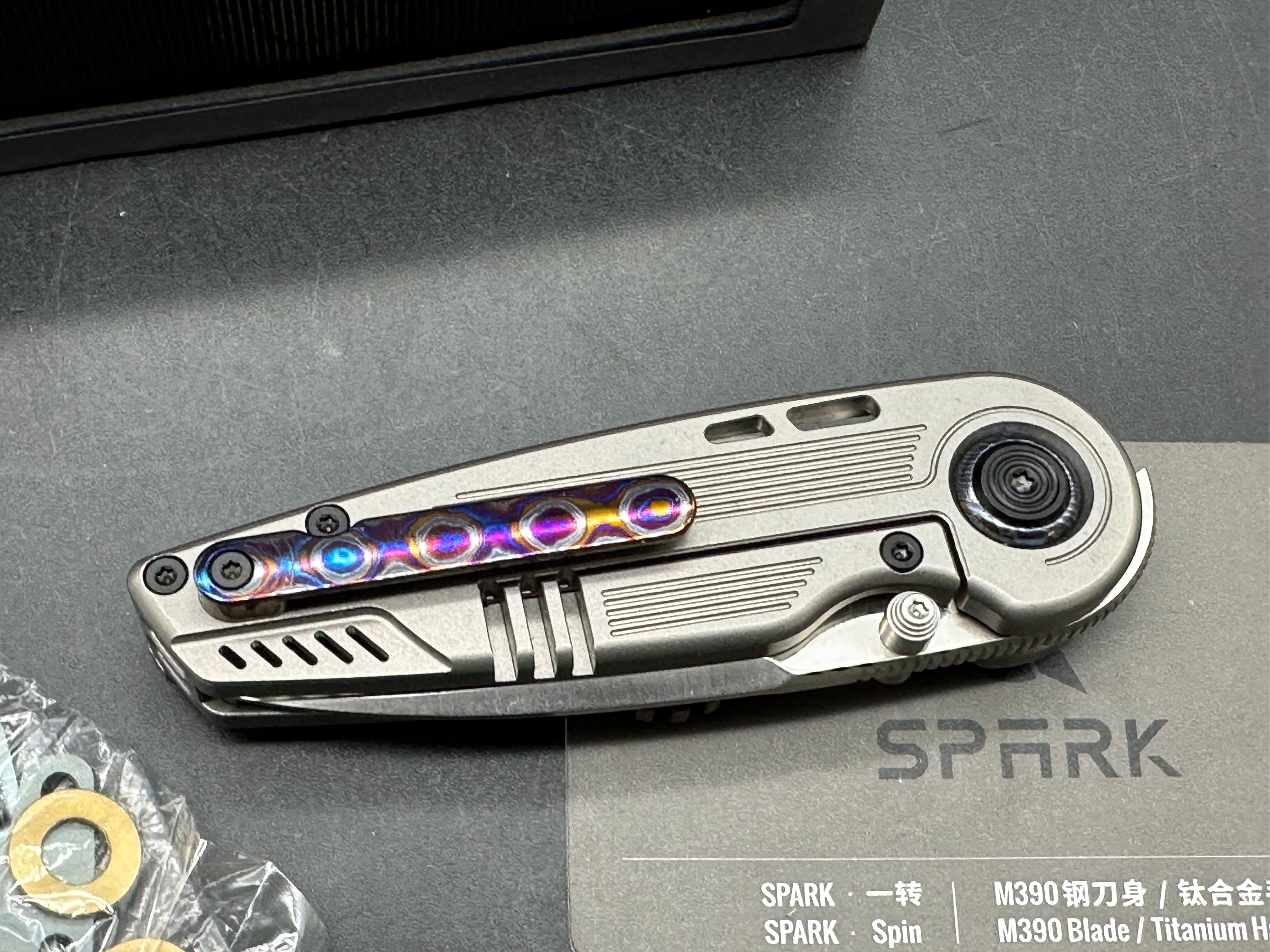 Spark EDC - Spin/Grey Milled Ti Frame, w/ Zircuti Showside Built-in Fidget Gear + Zircuti & Bronze Ano Accents/Drop Point/Satin M390