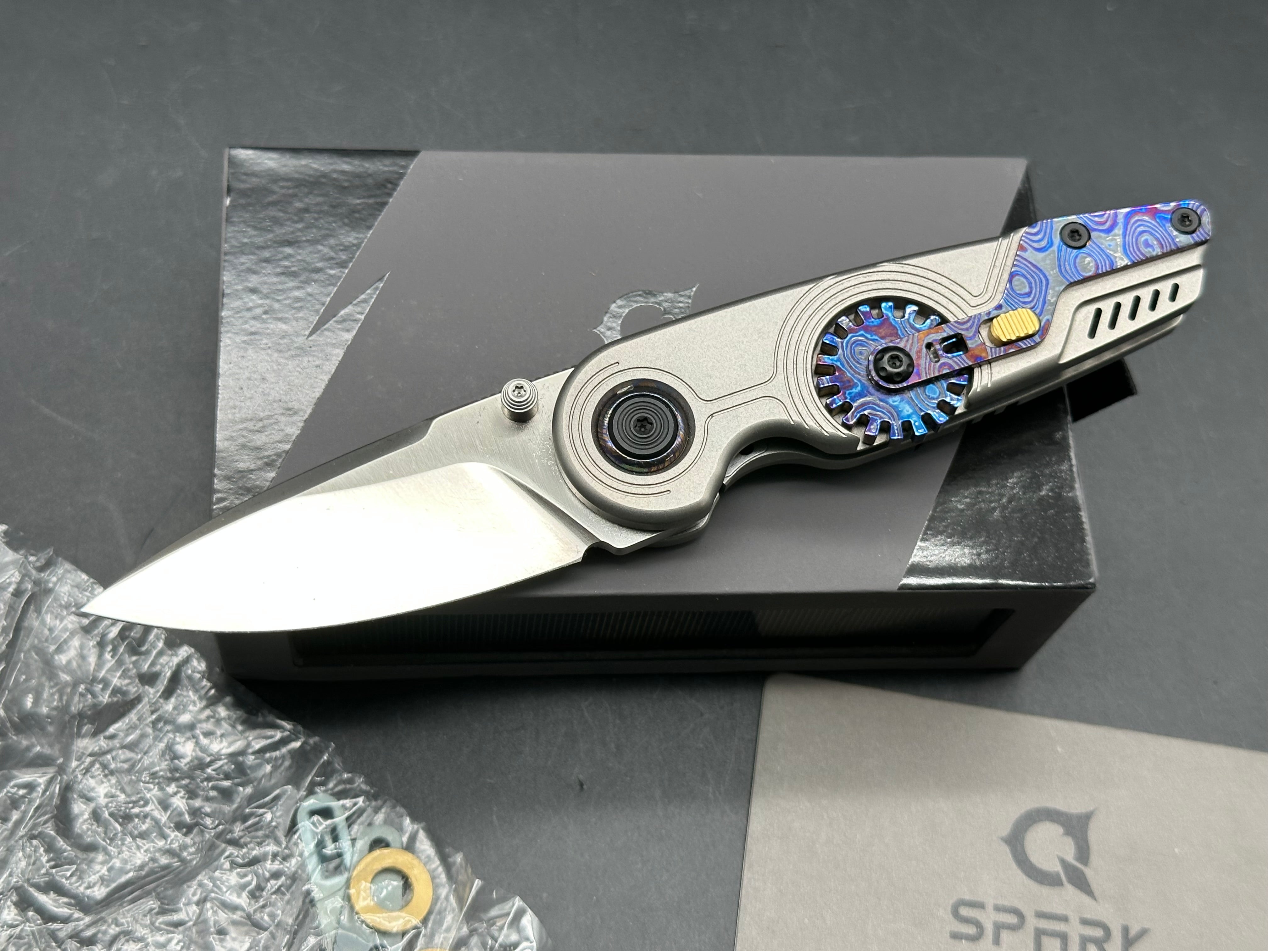 Spark EDC - Spin/Grey Milled Ti Frame, w/ Zircuti Showside Built-in Fidget Gear + Zircuti & Bronze Ano Accents/Drop Point/Satin M390