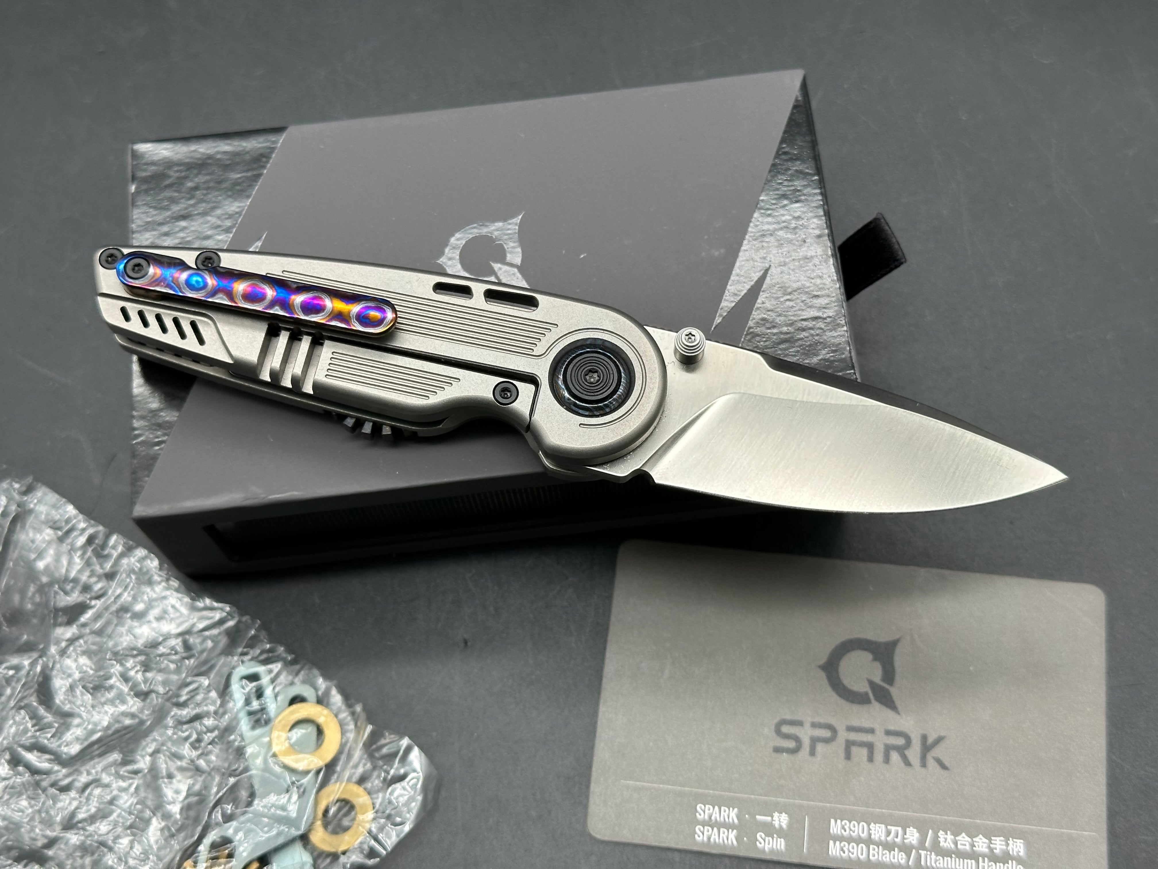 Spark EDC - Spin/Grey Milled Ti Frame, w/ Zircuti Showside Built-in Fidget Gear + Zircuti & Bronze Ano Accents/Drop Point/Satin M390
