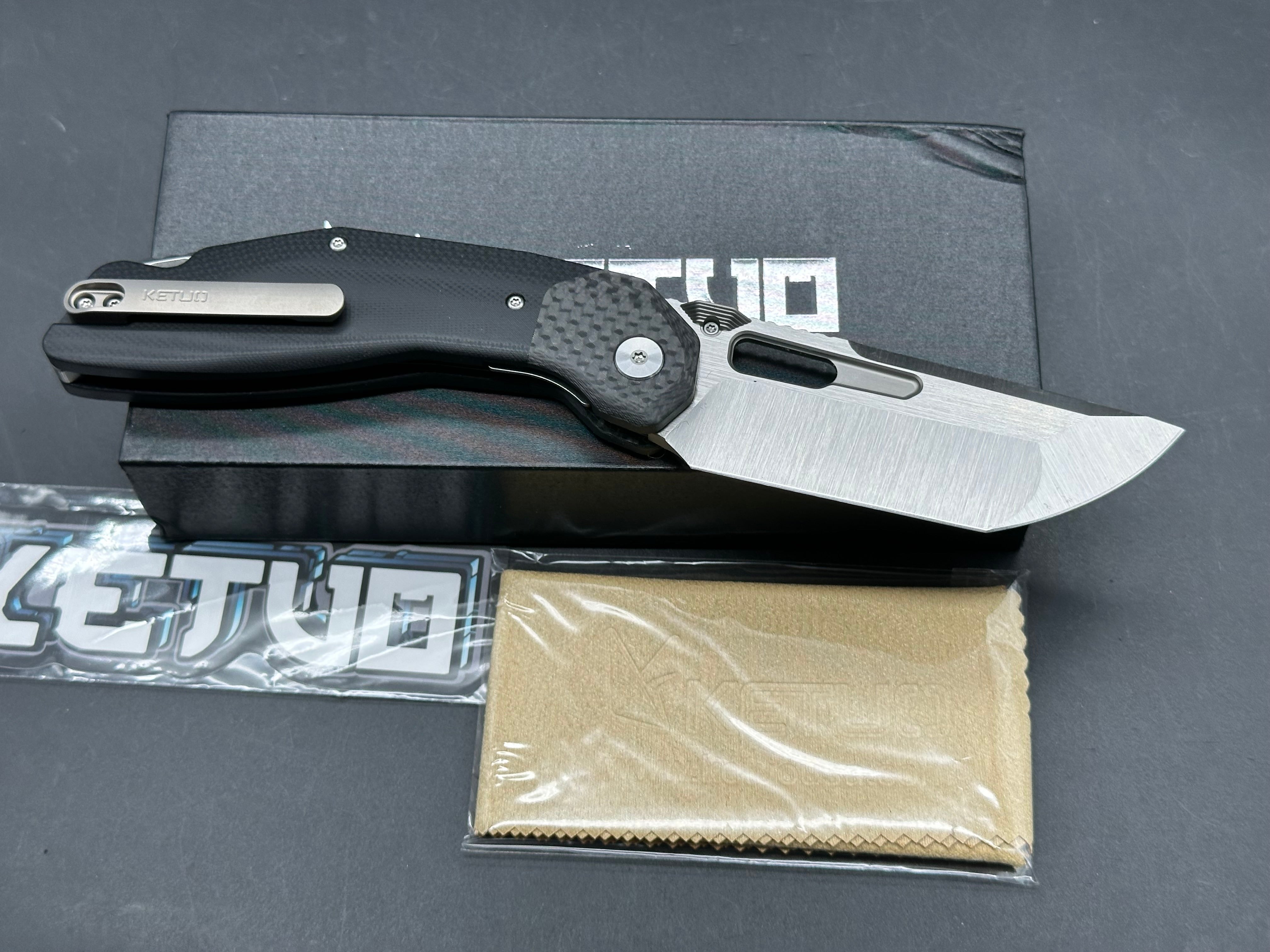 Ketuo Knife - Yakuza G10/Black G10 Scales w/Steel Liners & Carbon Fiber Bolster/Tanto/Hand Rubbed 14C28N