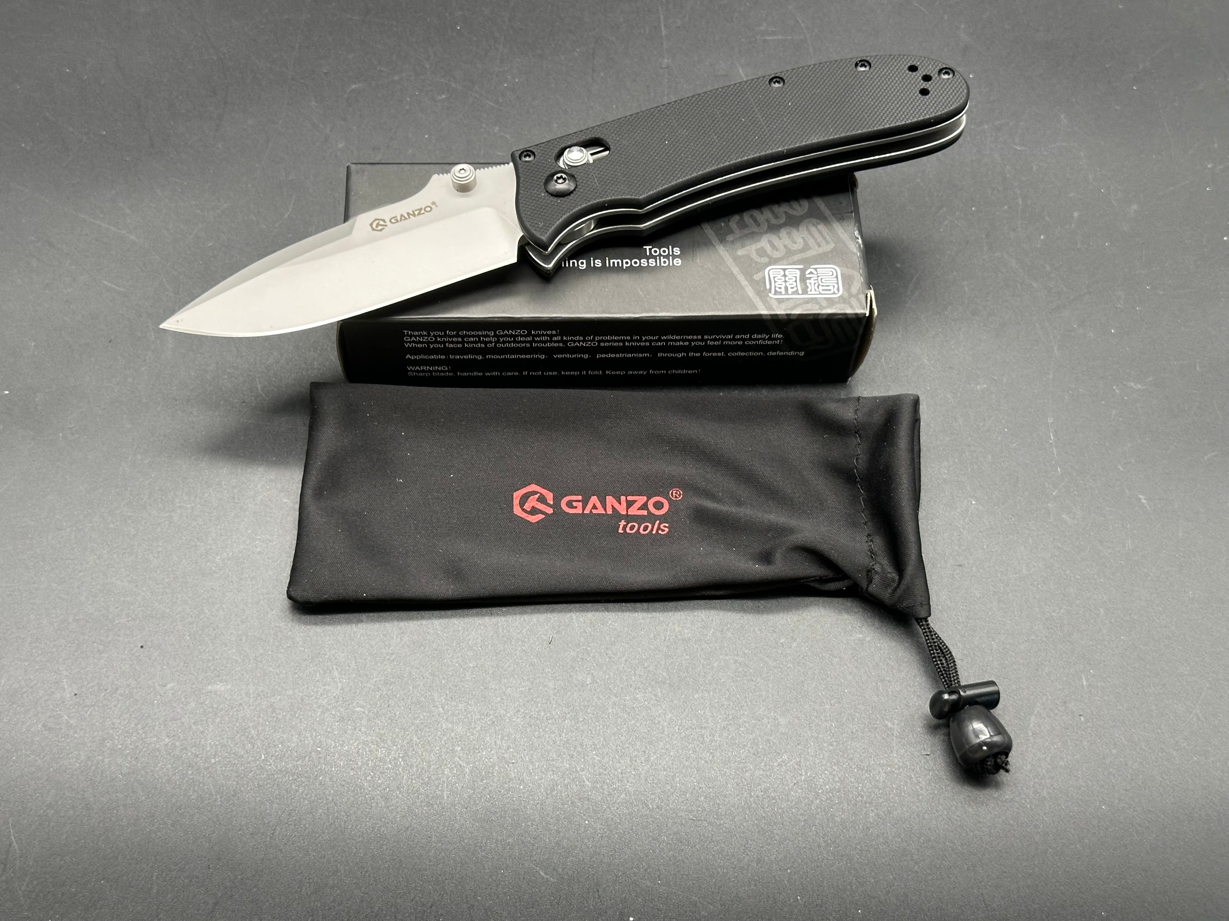 Ganzo G704-BK, 3.35” 440C Satin Drop Point Blade, Black G10 Handle