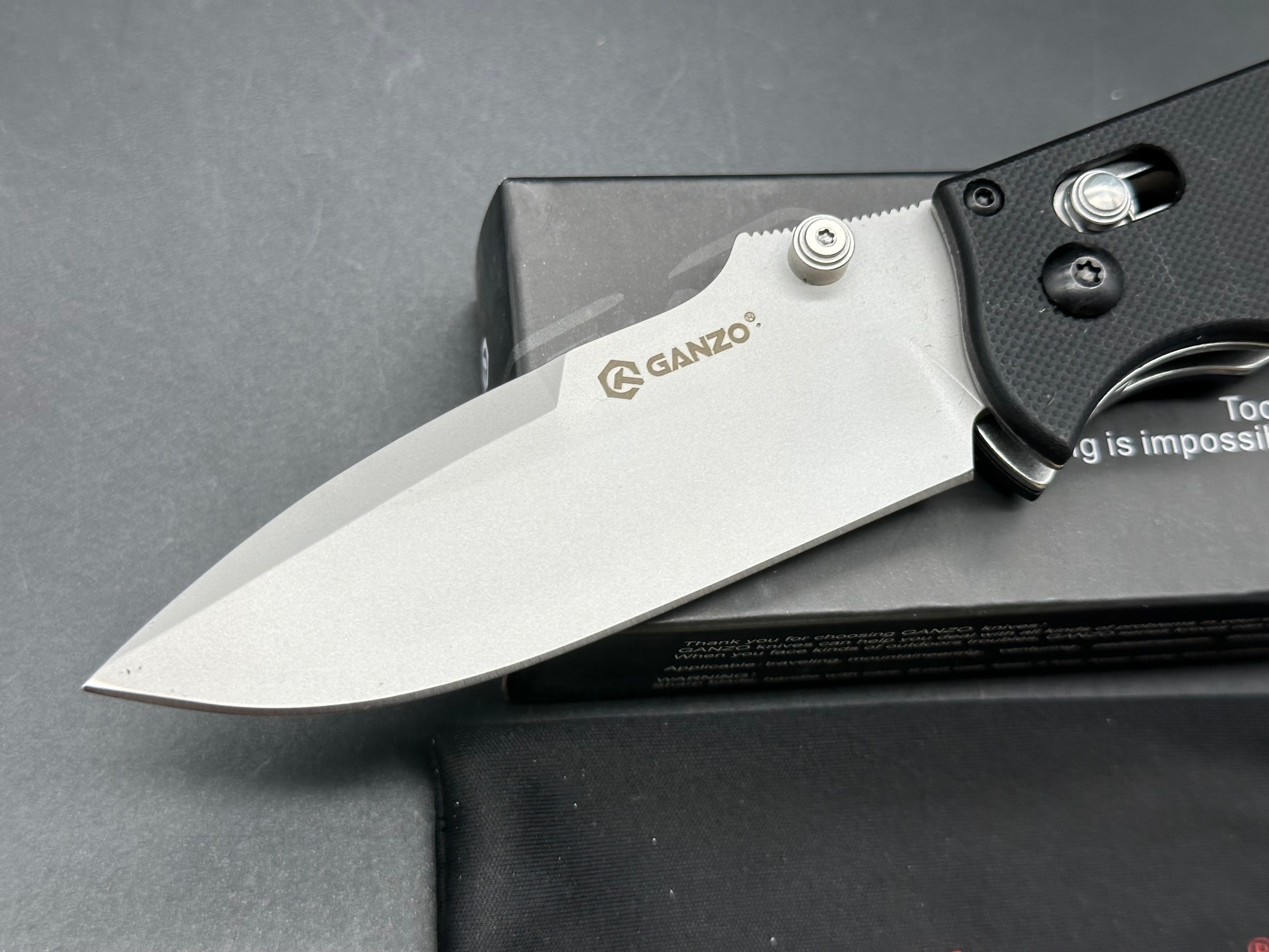 Ganzo G704-BK, 3.35” 440C Satin Drop Point Blade, Black G10 Handle