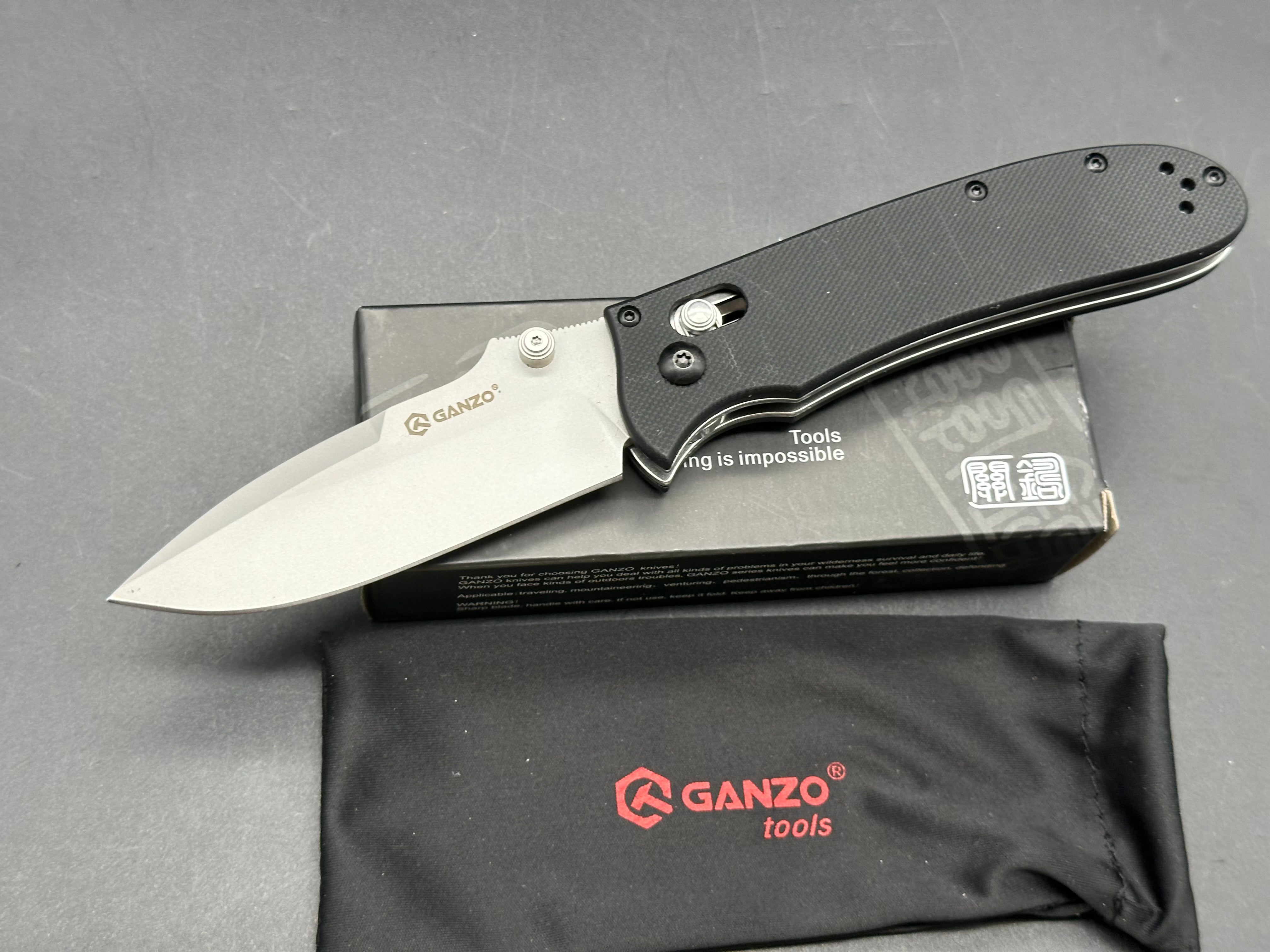 Ganzo G704-BK, 3.35” 440C Satin Drop Point Blade, Black G10 Handle