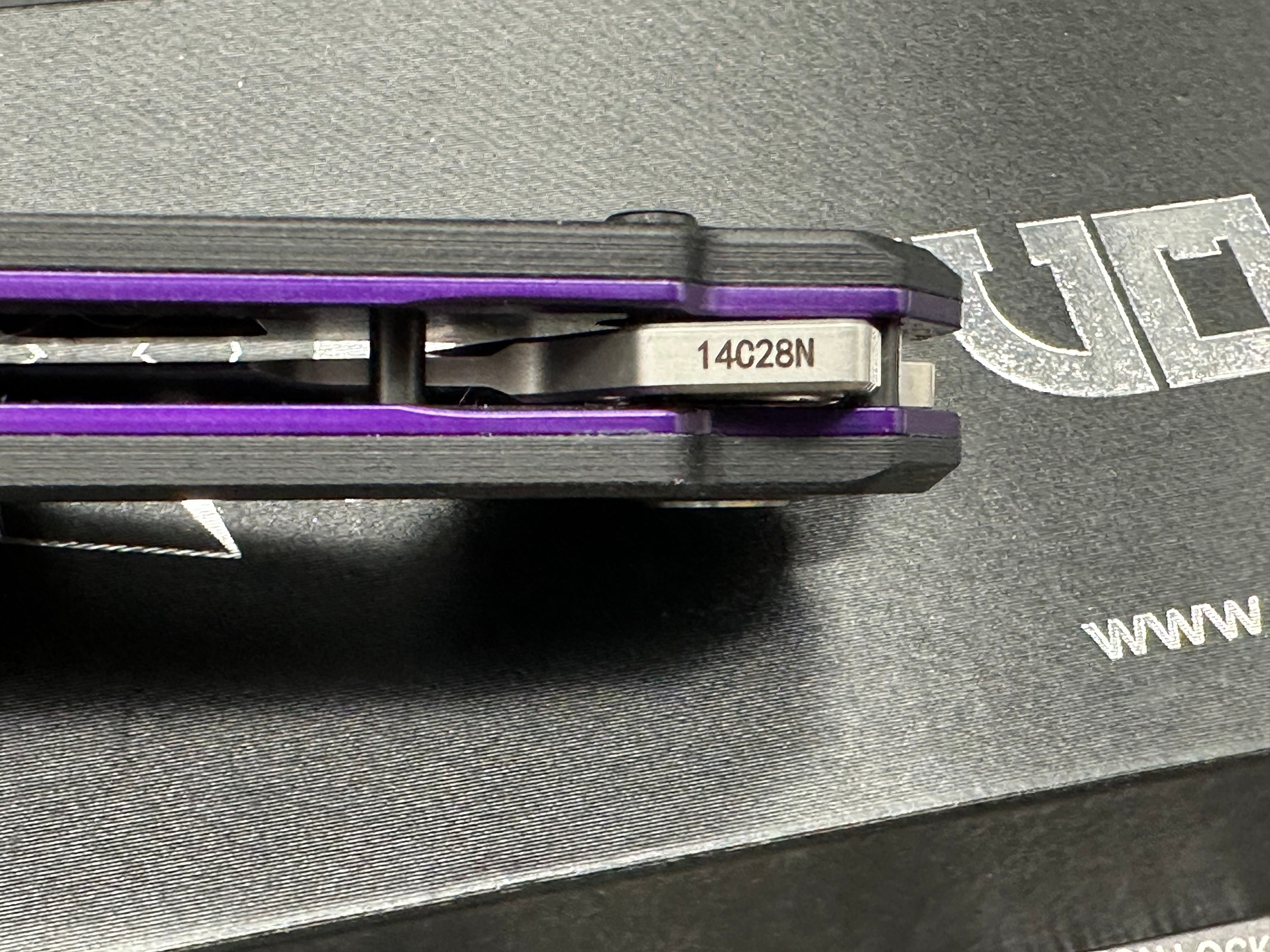 Ketuo Knife - Griffin G10/Black G-10 Scales + Shred Carbon Fiber Inlays w/Purple Backspacer & Liners/Harpoon/Hand Rubbed 14C28N
