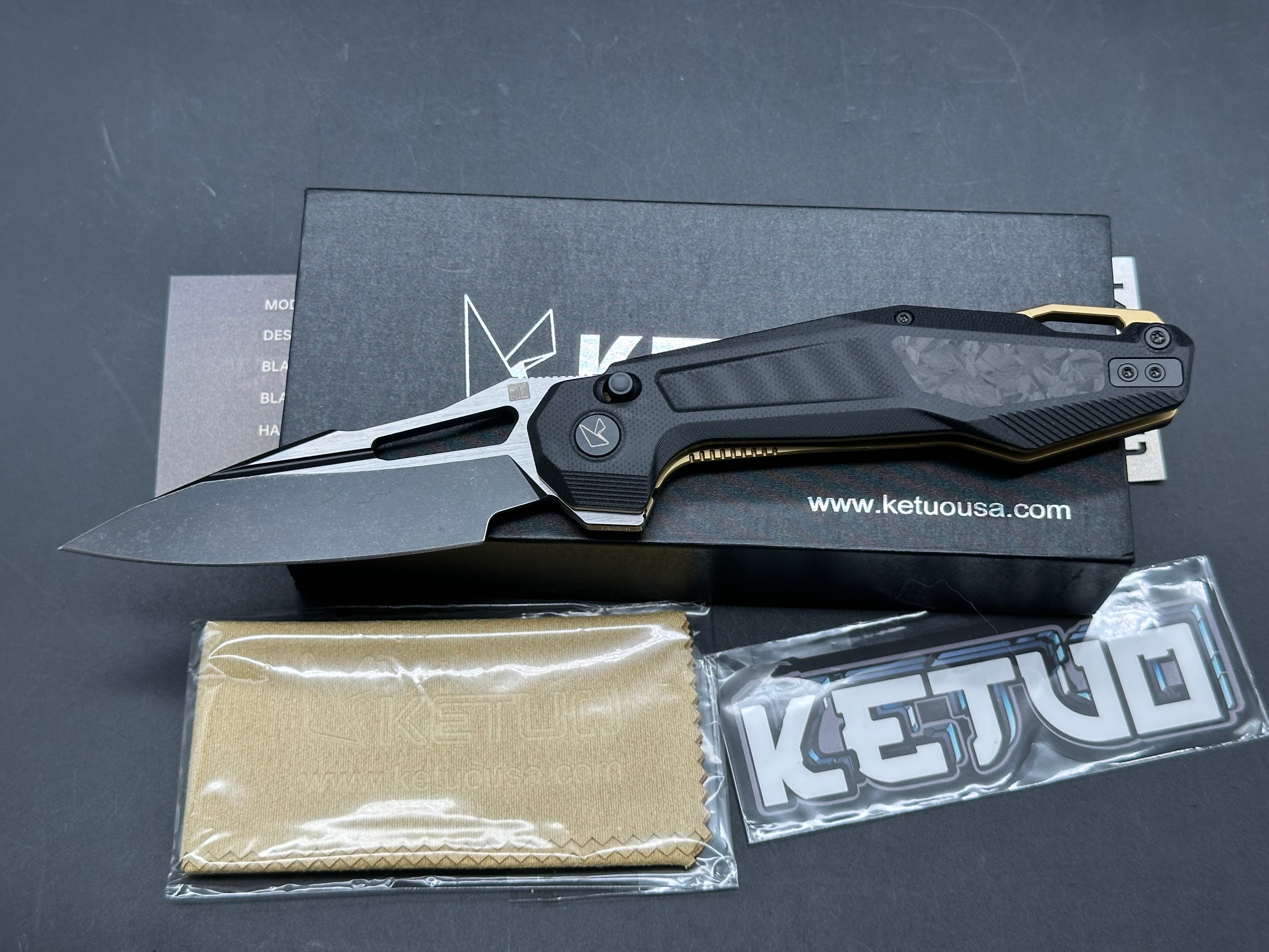 Ketuo Knife - Griffin G10/Black G-10 Scales + Shred Carbon Fiber Inlays w/Gold Backspacer & Liners 14C28N