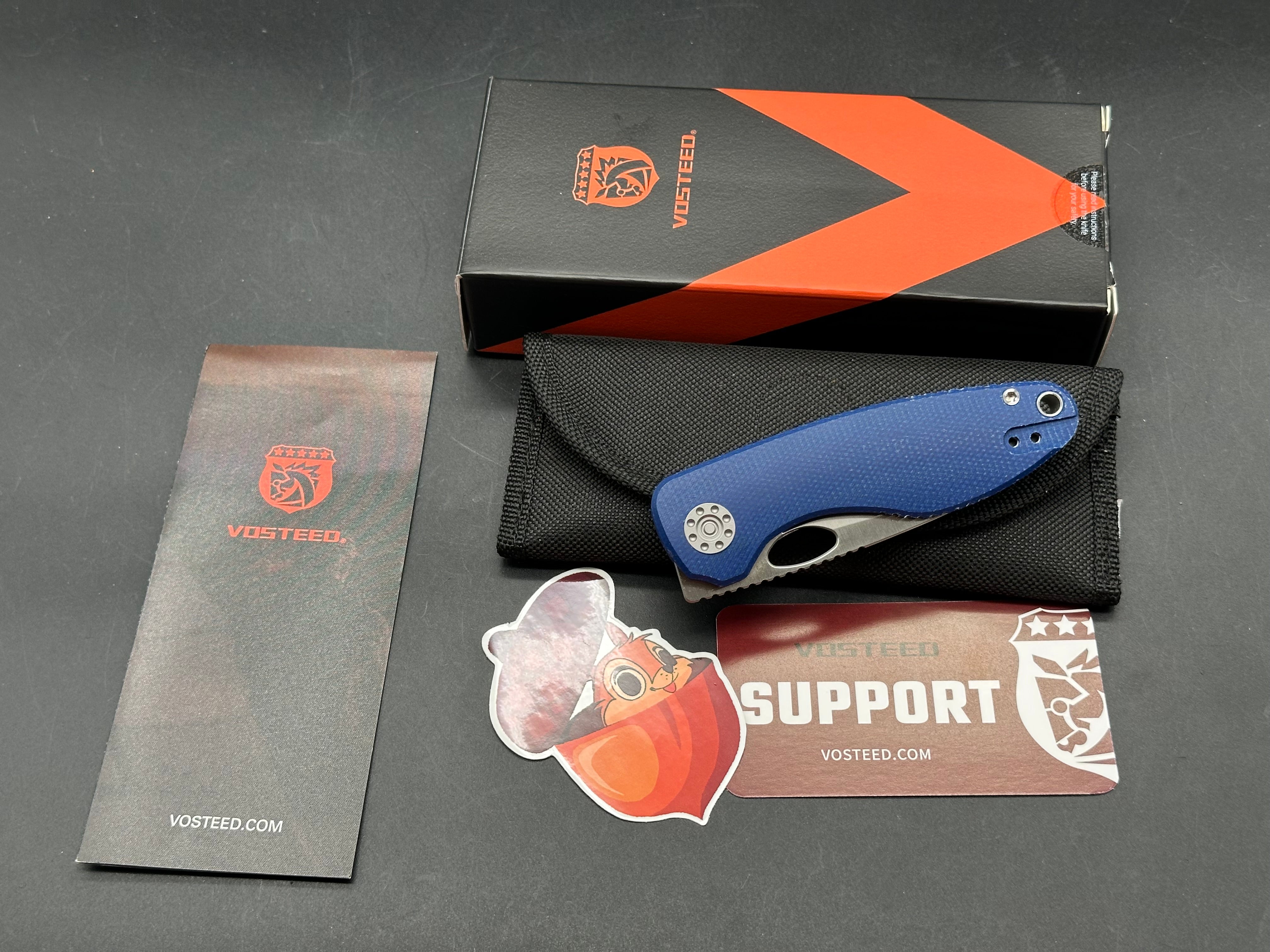 Vosteed Acorn, 2.93" 14C28N Satin Blade with Blue Canvas Micarta Scales