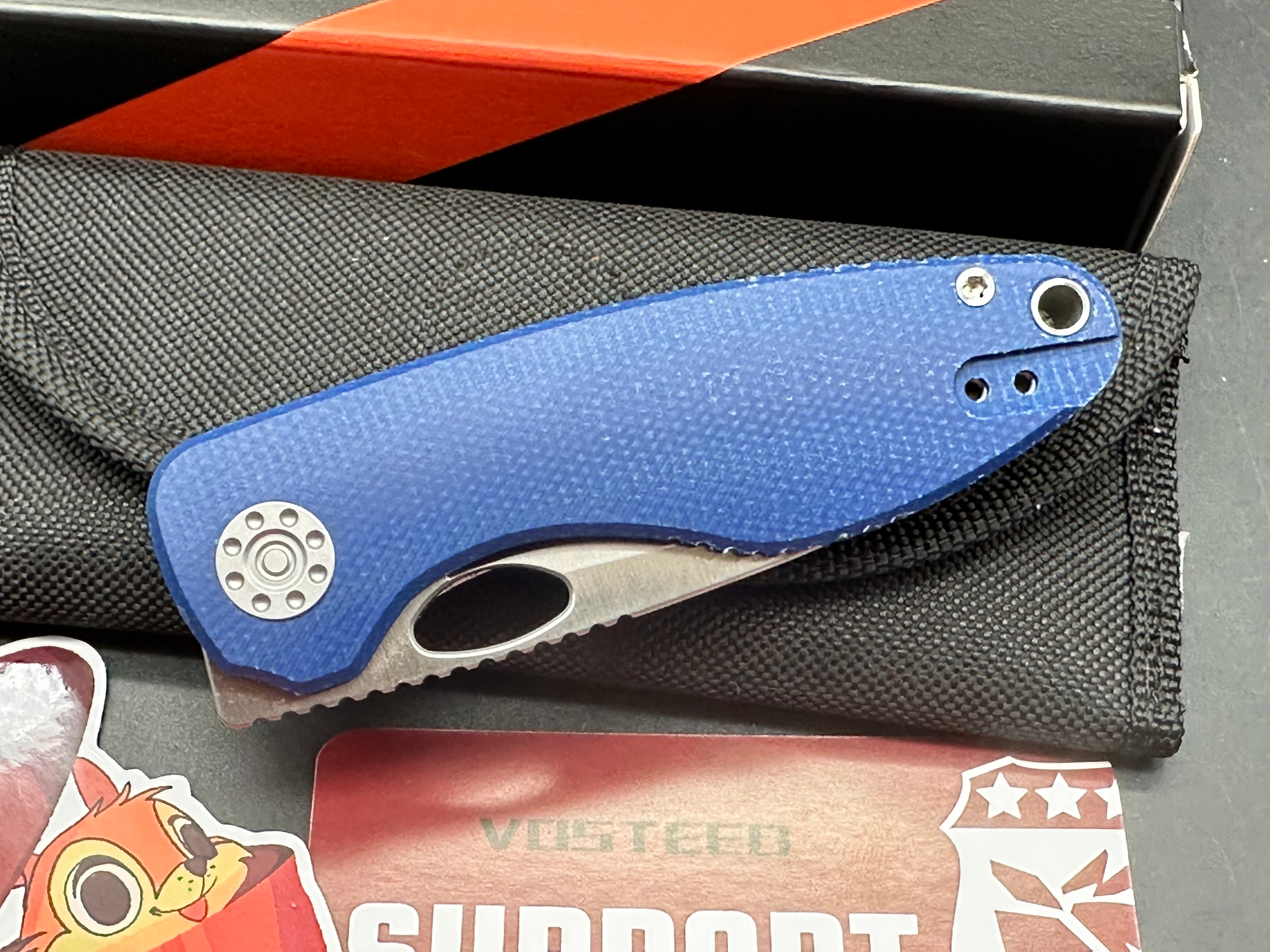 Vosteed Acorn, 2.93" 14C28N Satin Blade with Blue Canvas Micarta Scales