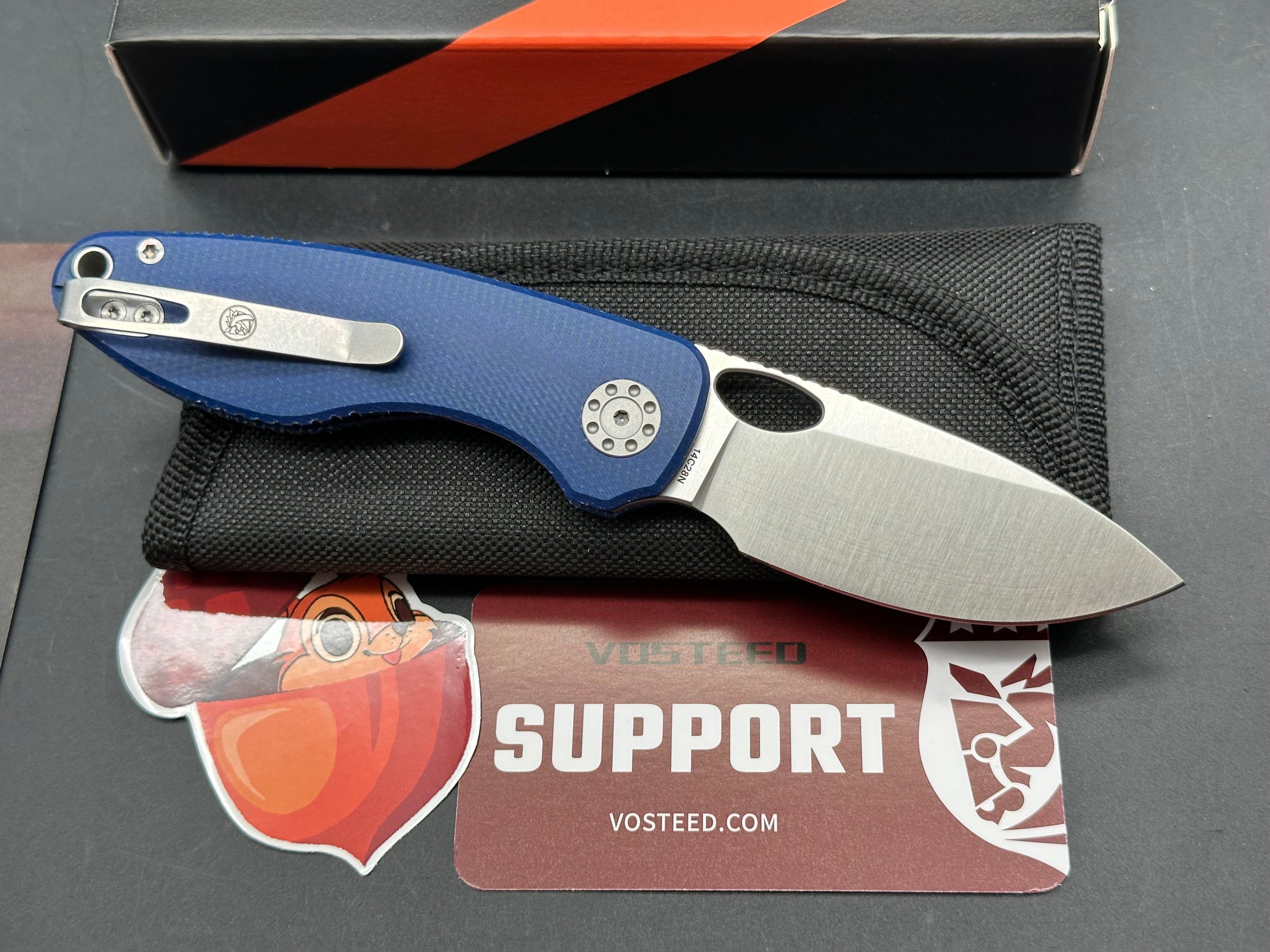 Vosteed Acorn, 2.93" 14C28N Satin Blade with Blue Canvas Micarta Scales