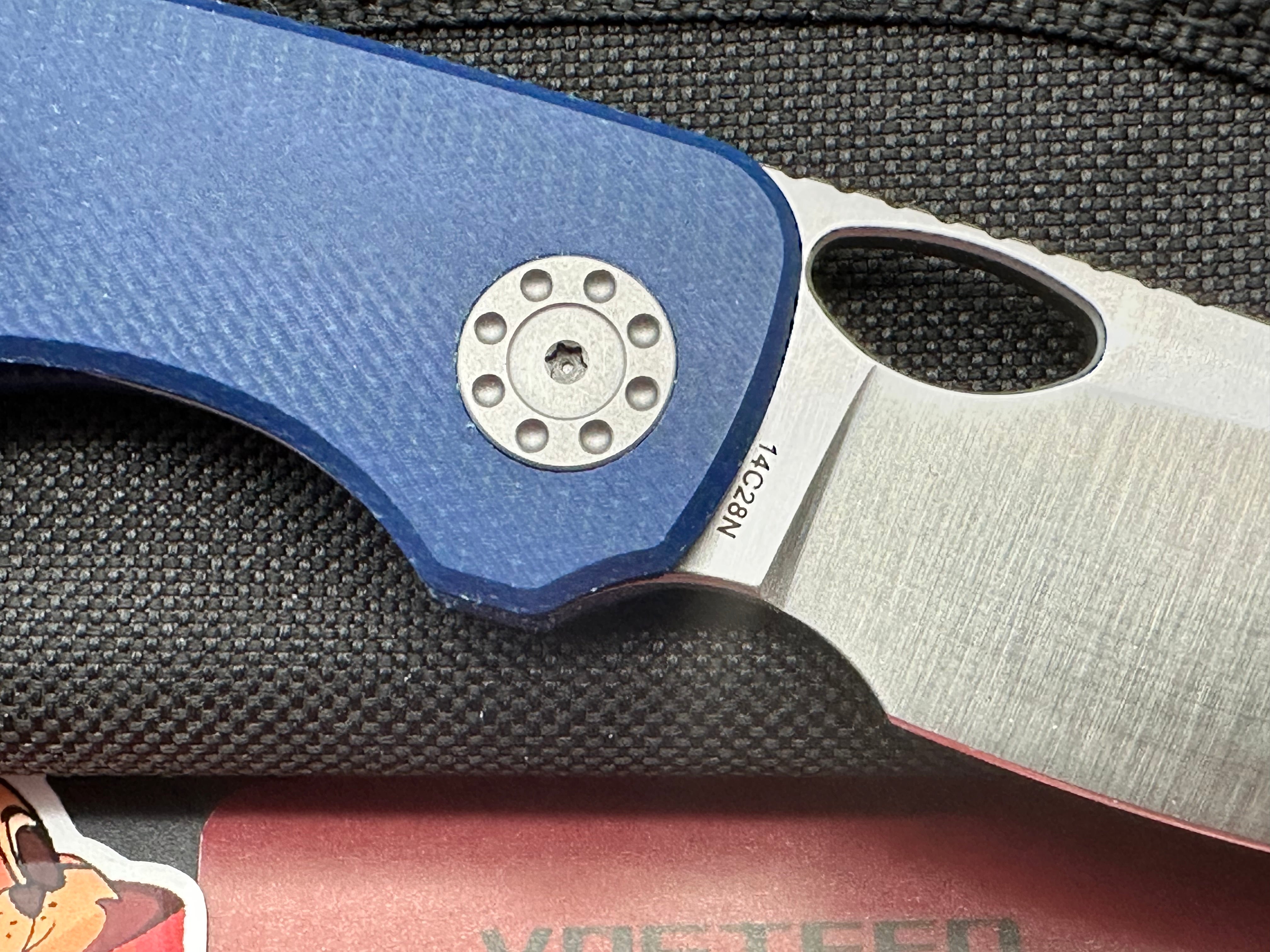 Vosteed Acorn, 2.93" 14C28N Satin Blade with Blue Canvas Micarta Scales